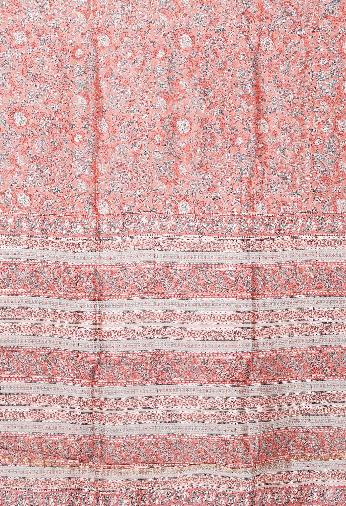 Coral Pink Pure Hand Block Printed Chanderi Sico Saree-UNM81646