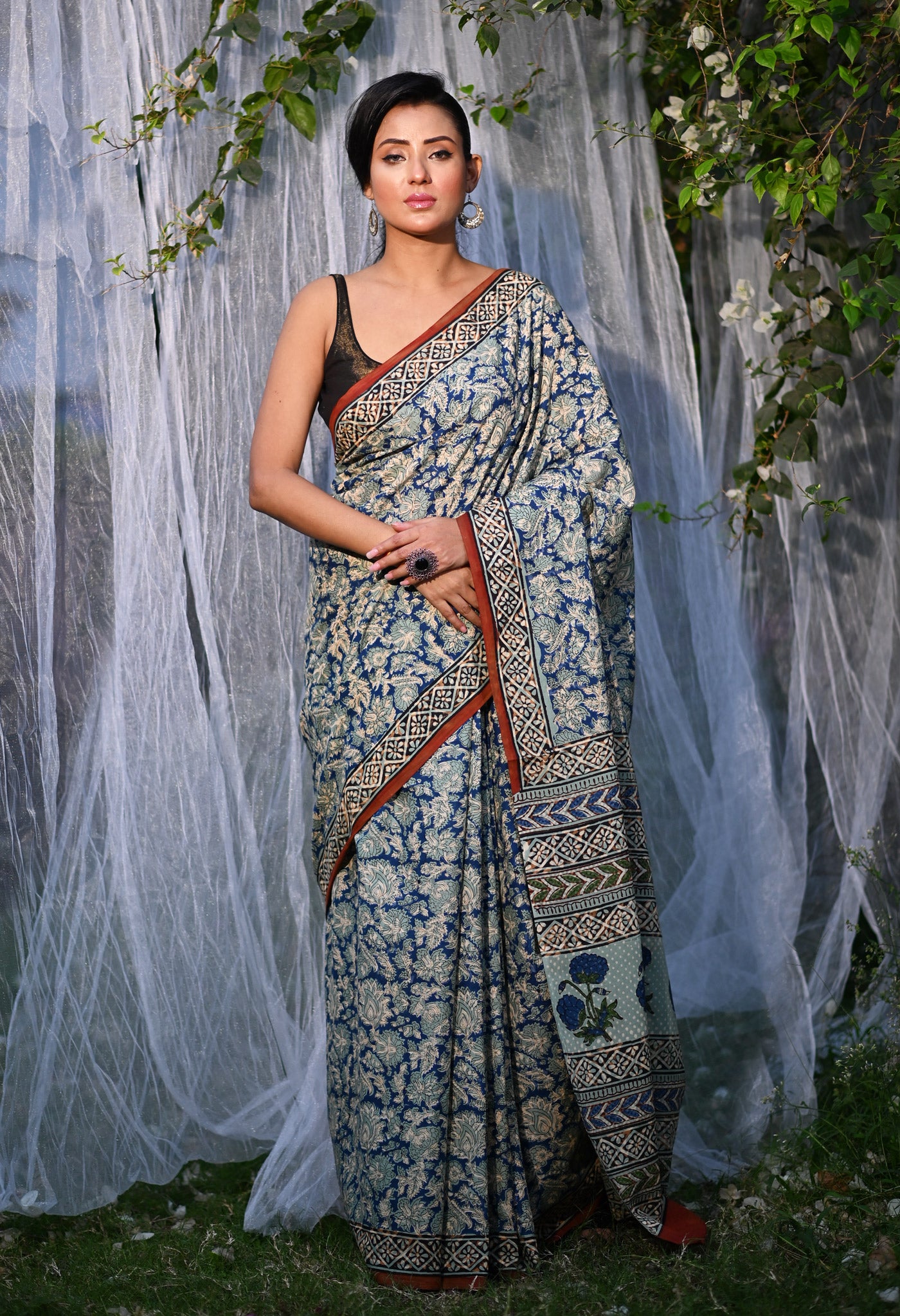 Blue Pure Bagru Printed Soft Cotton Saree-UNM81782