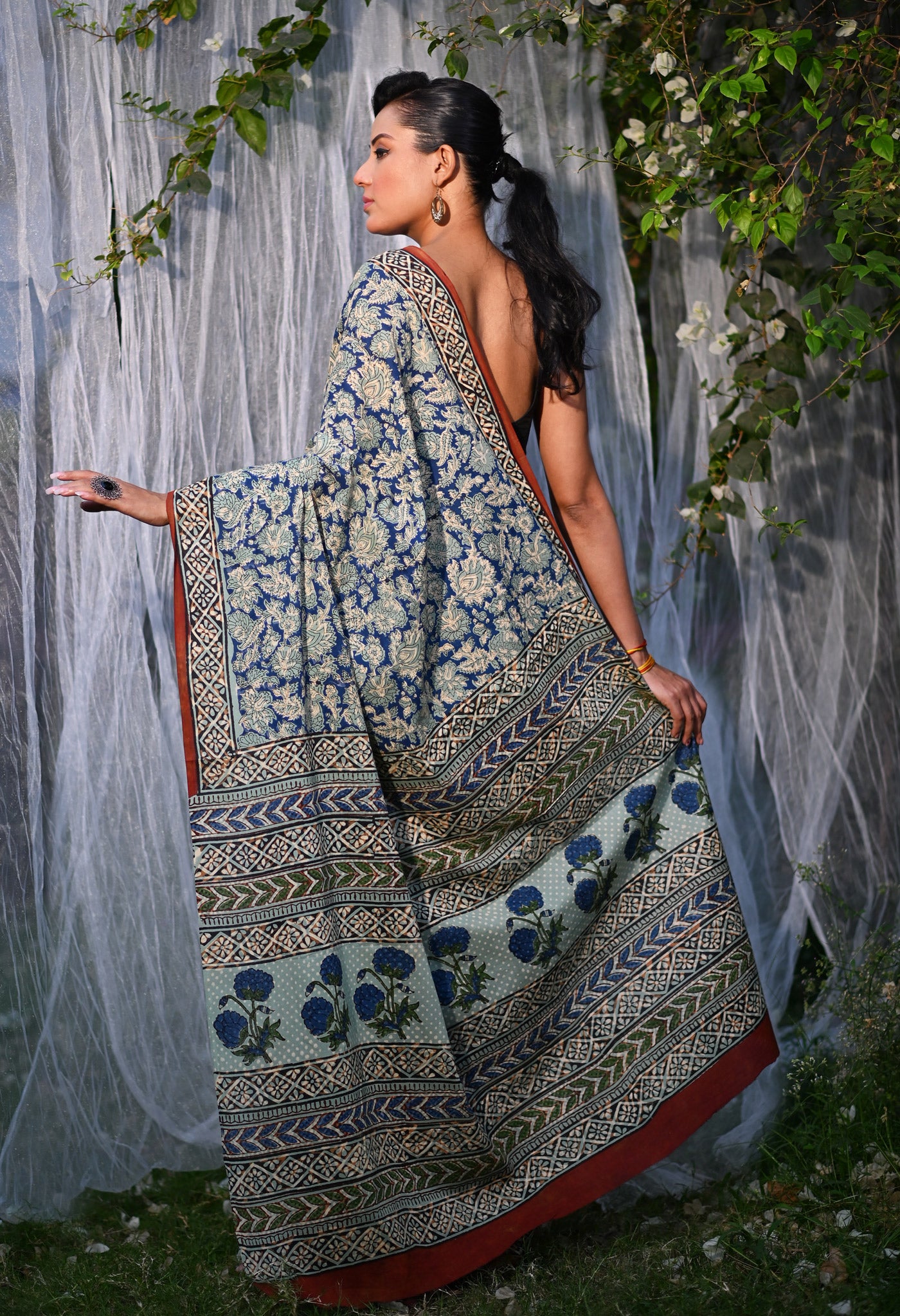 Blue Pure Bagru Printed Soft Cotton Saree-UNM81782