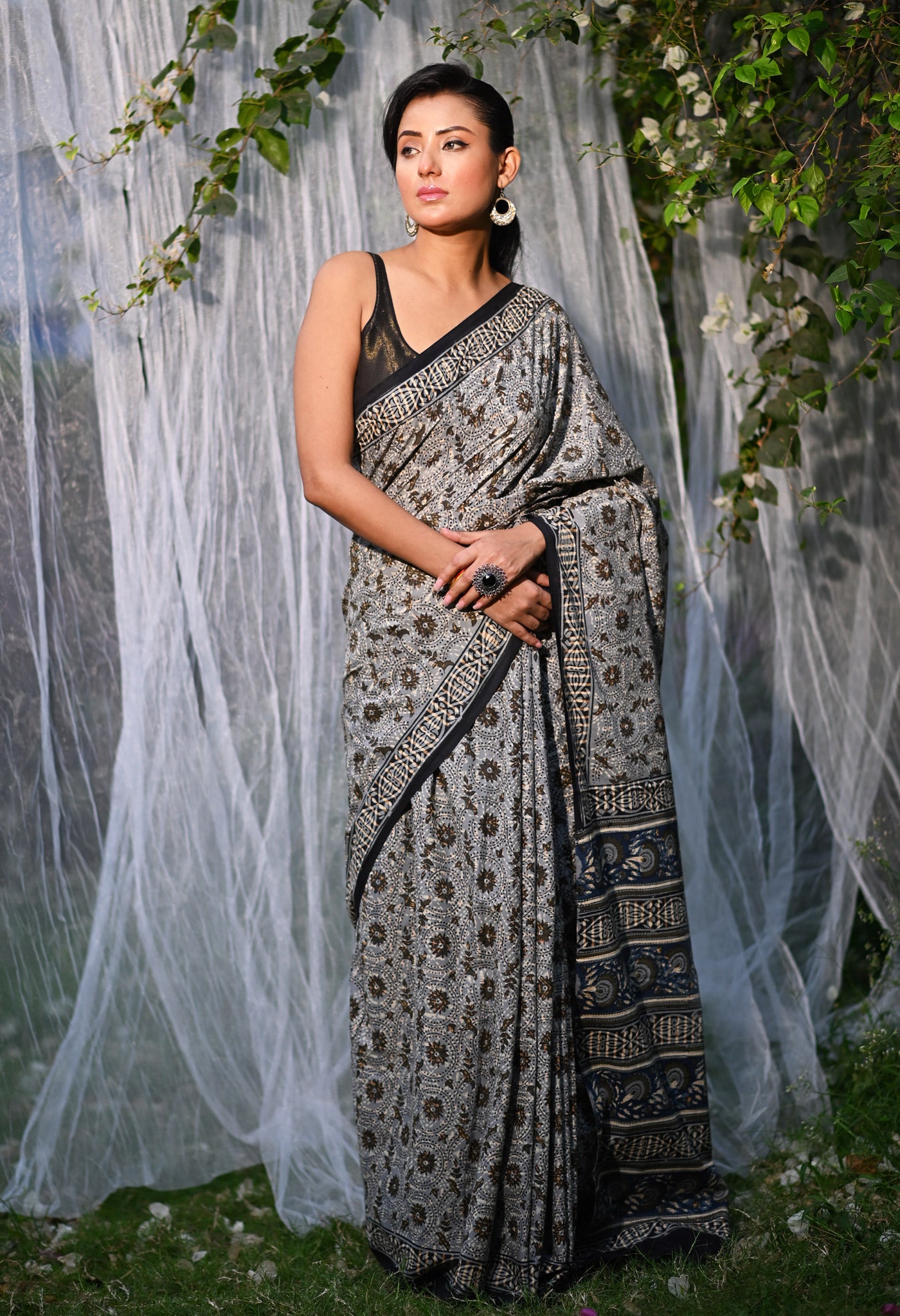 Grey Pure Bagru Printed Soft Cotton Saree-UNM81783