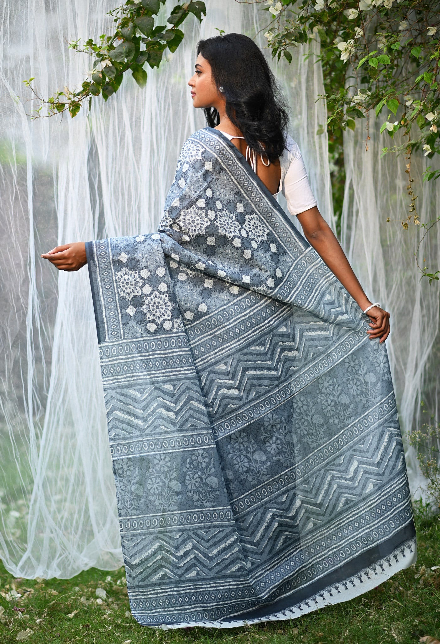 Grey Pure Hand Block Printed Soft Cotton Saree-UNM81784