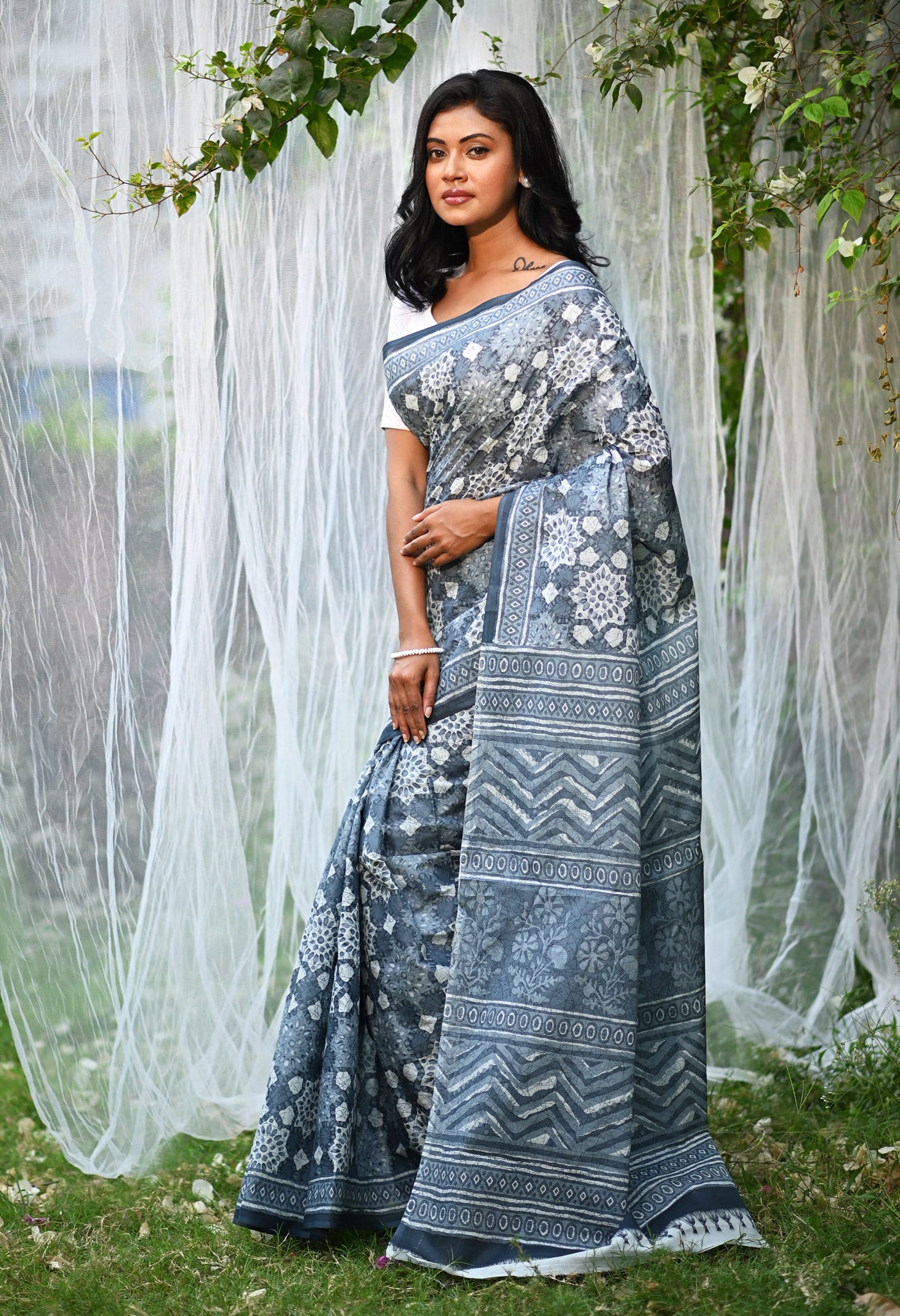 Grey Pure Hand Block Printed Soft Cotton Saree-UNM81784