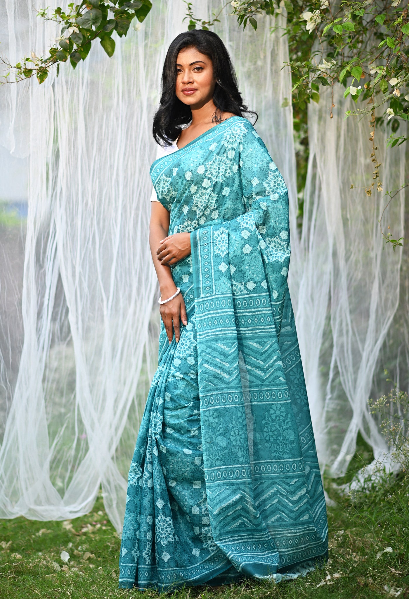 Turquoise Blue Pure Hand Block Printed Soft Cotton Saree-UNM81785