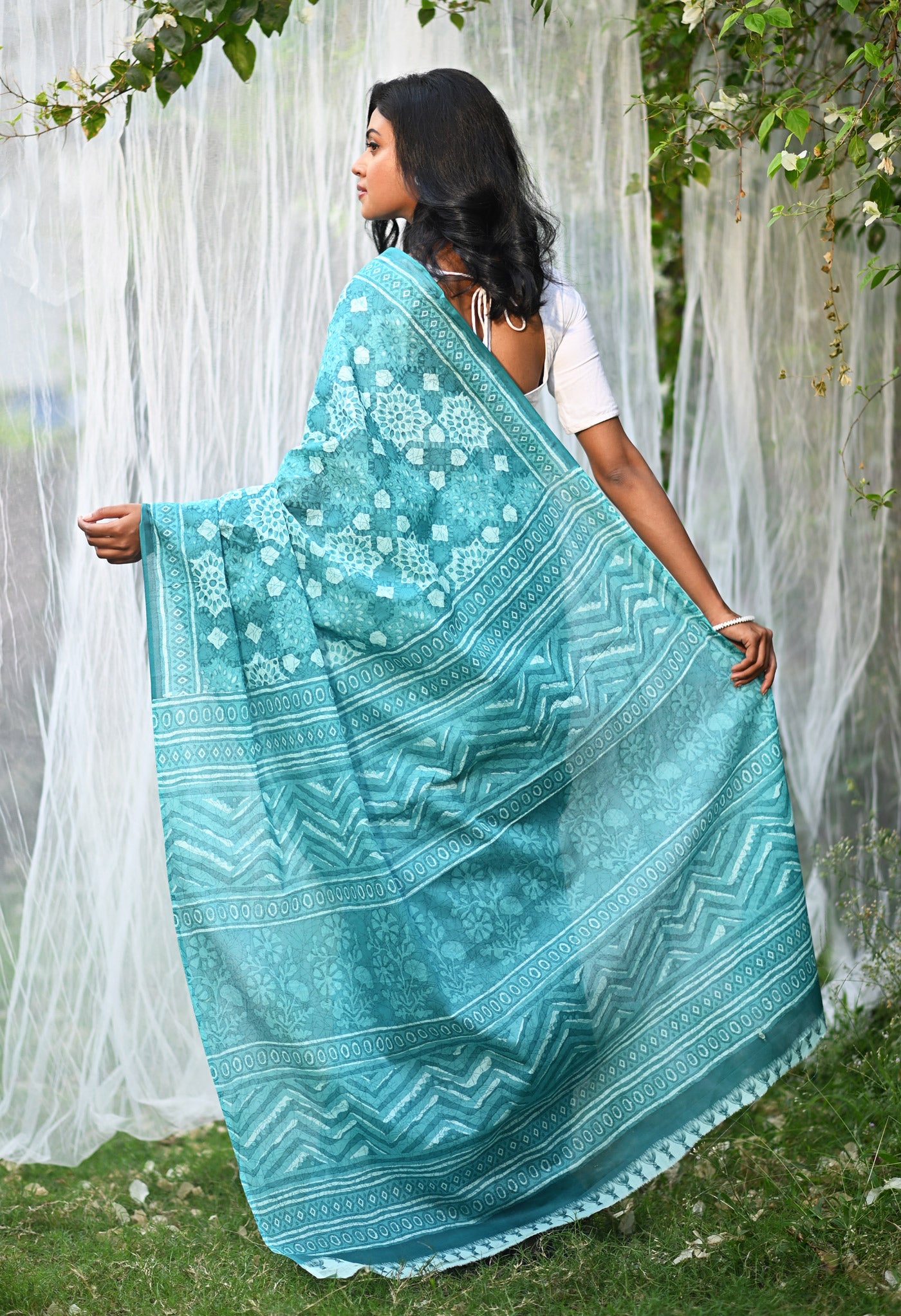 Turquoise Blue Pure Hand Block Printed Soft Cotton Saree-UNM81785