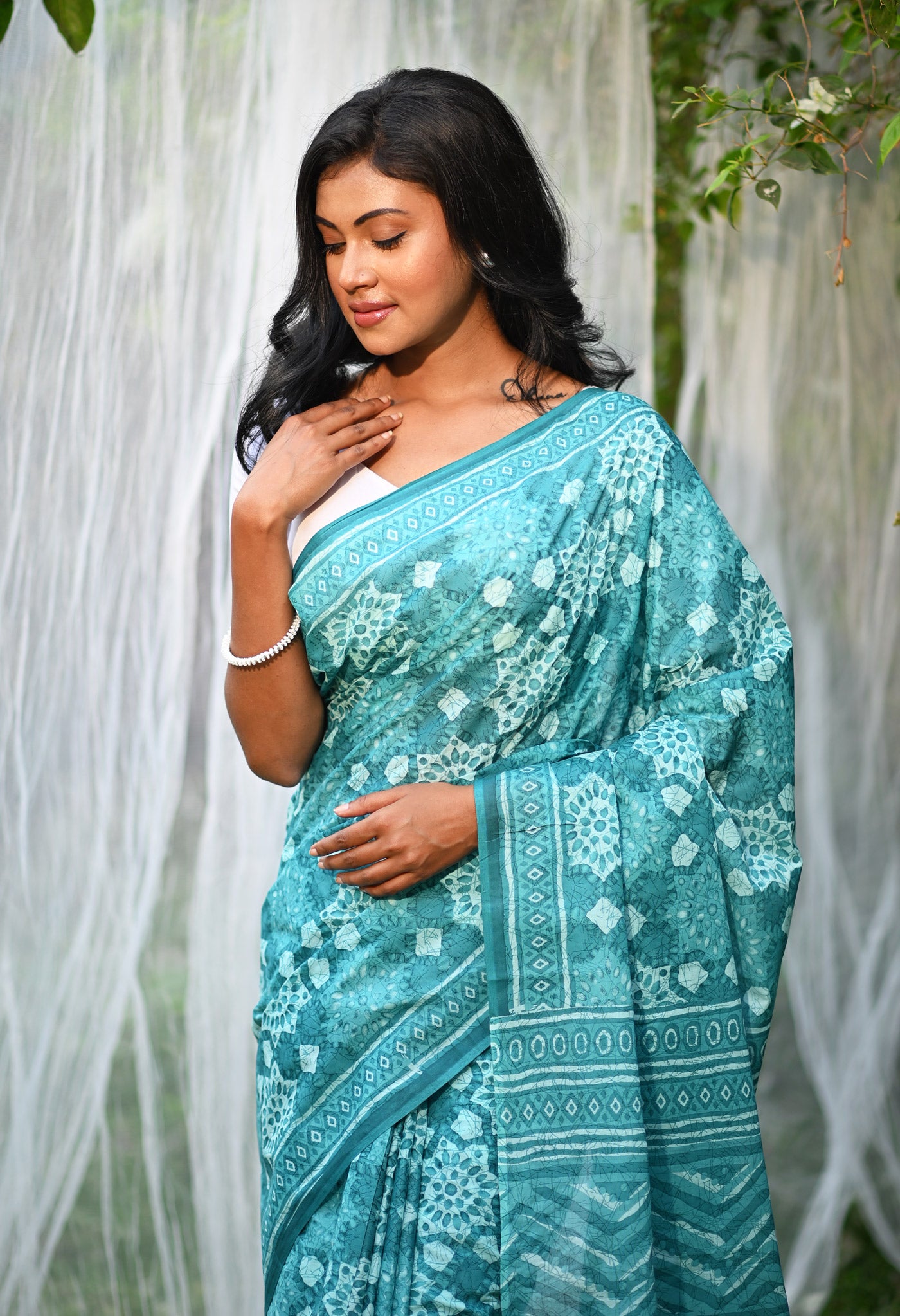 Turquoise Blue Pure Hand Block Printed Soft Cotton Saree-UNM81785