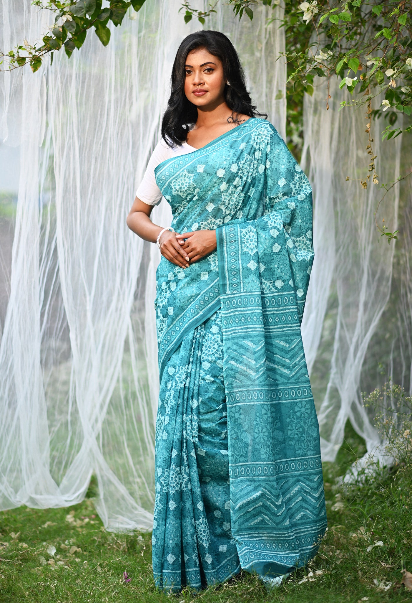 Turquoise Blue Pure Hand Block Printed Soft Cotton Saree-UNM81785