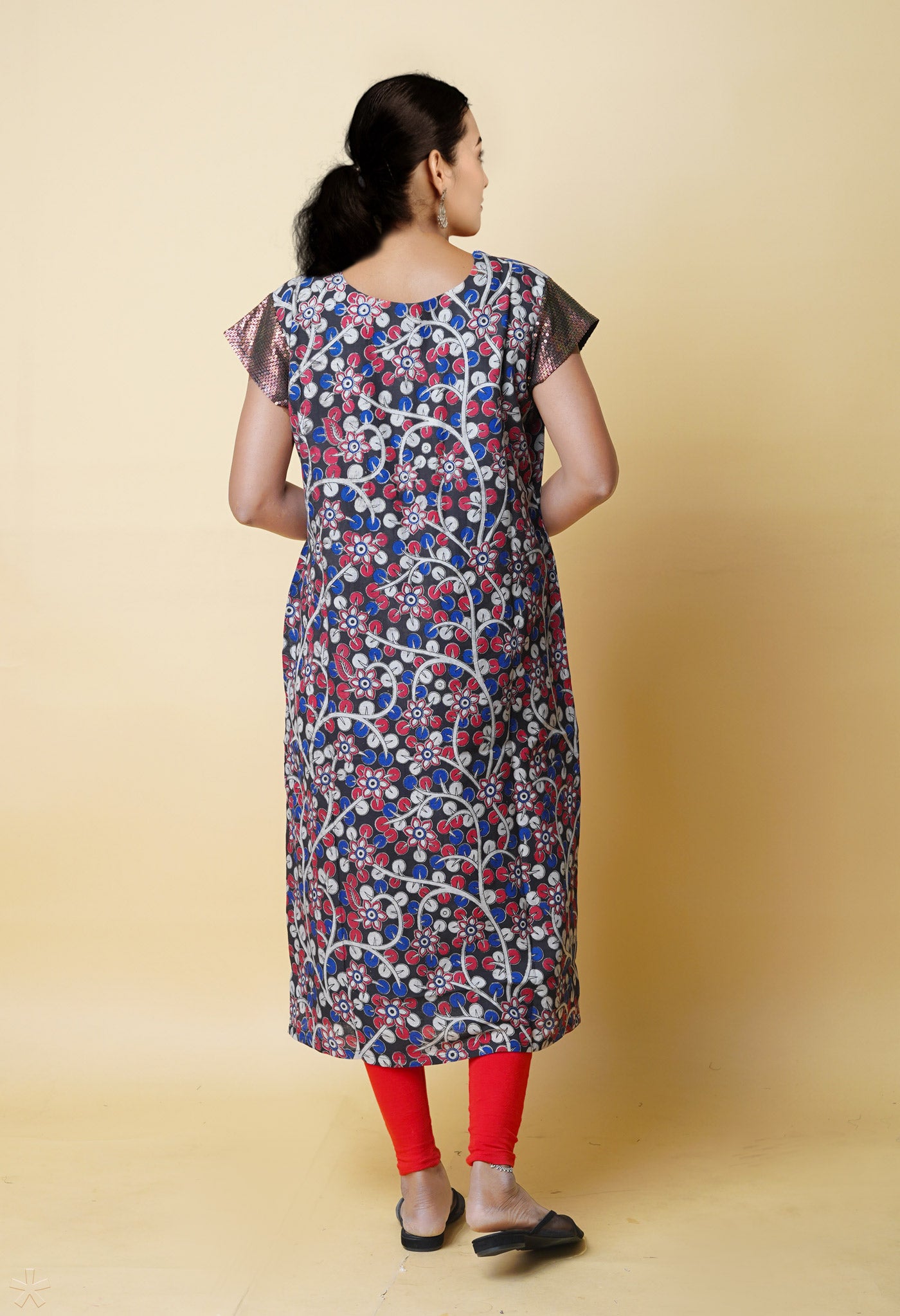 Black Pure Kalamkari Floral Printed With Embroidery Cotton Kurta-PKK1931