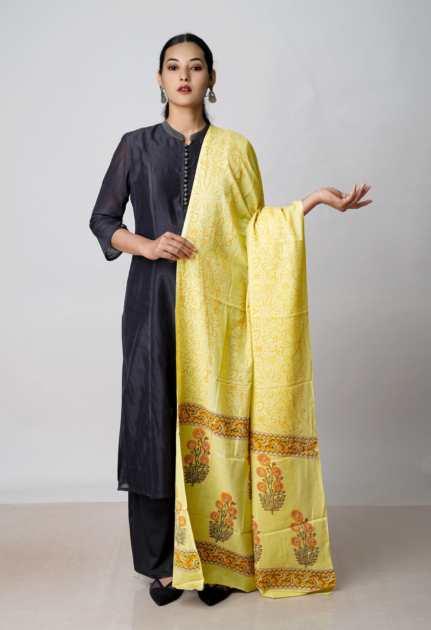 Yellow Pure Bagru Printed Cotton Dupatta–UDS4749