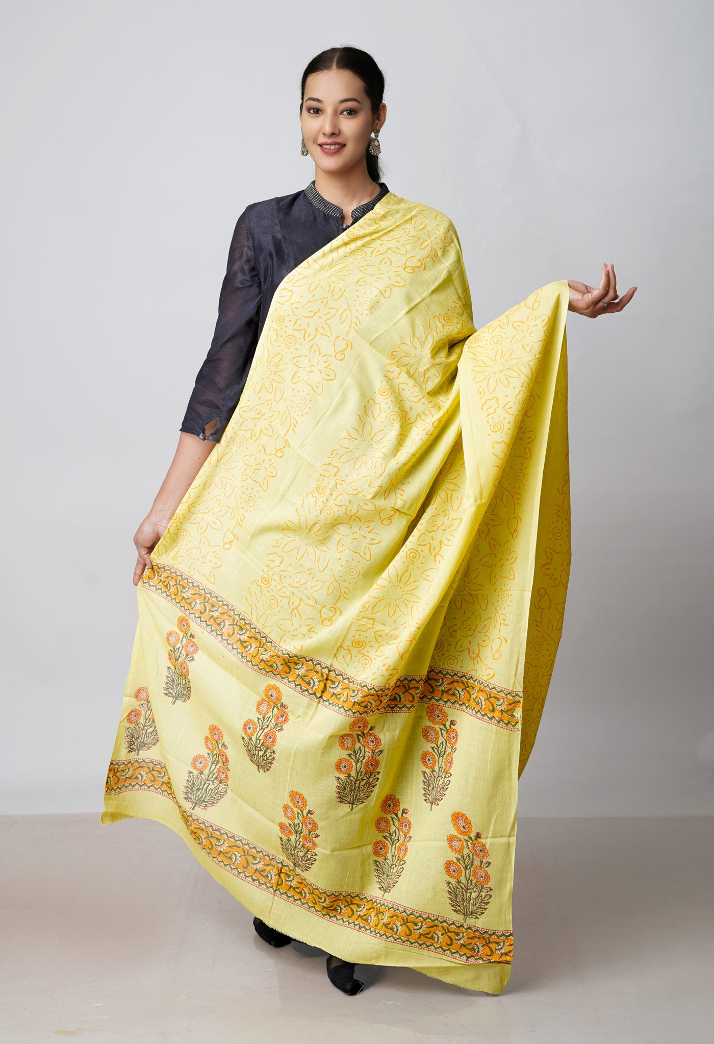 Yellow Pure Bagru Printed Cotton Dupatta–UDS4749