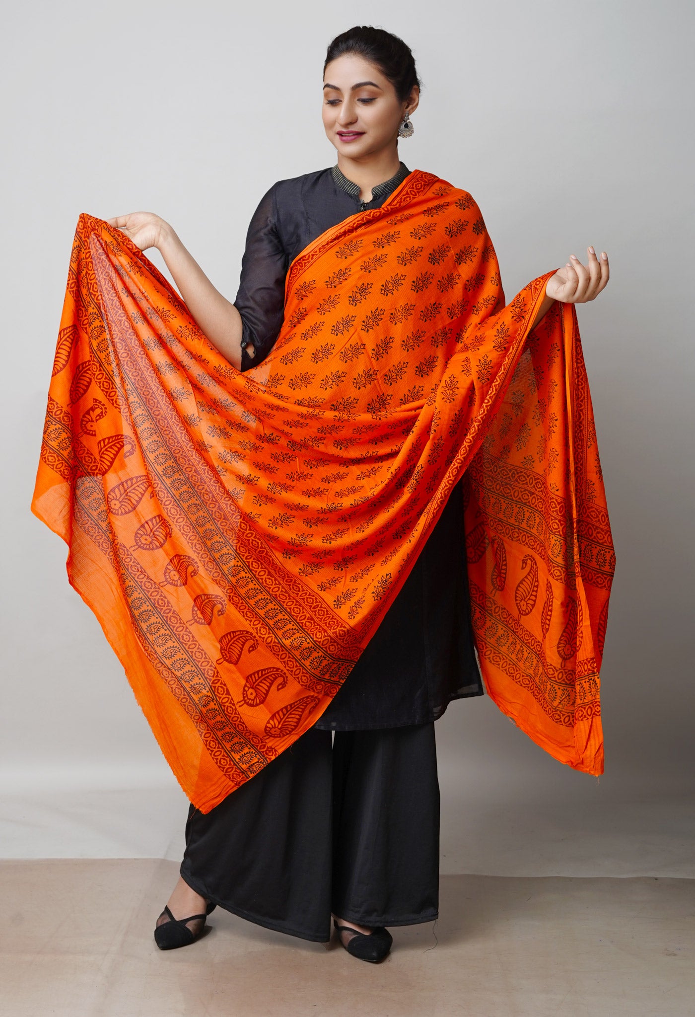 Orange Kota Checks Bagh Printed Dupatta–UDS5009