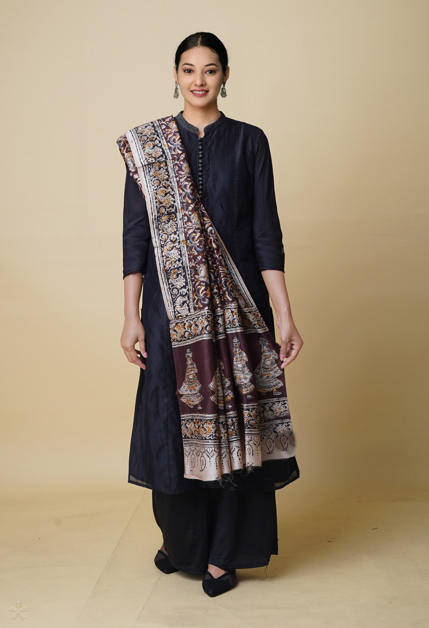 Multi Pure Chanderi Hand Block Printed Kalamkari Dupatta–UDS5180