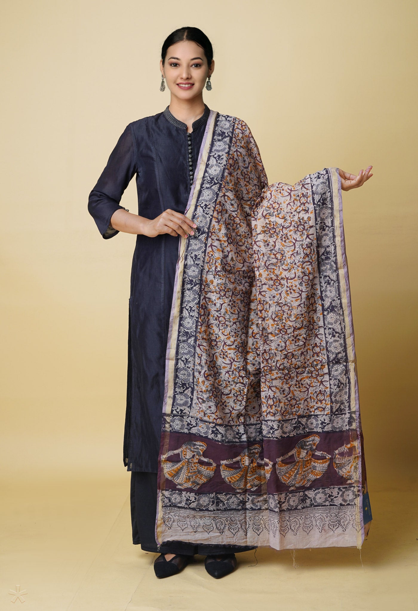 Multi Pure Chanderi Hand Block Printed Kalamkari Dupatta–UDS5194