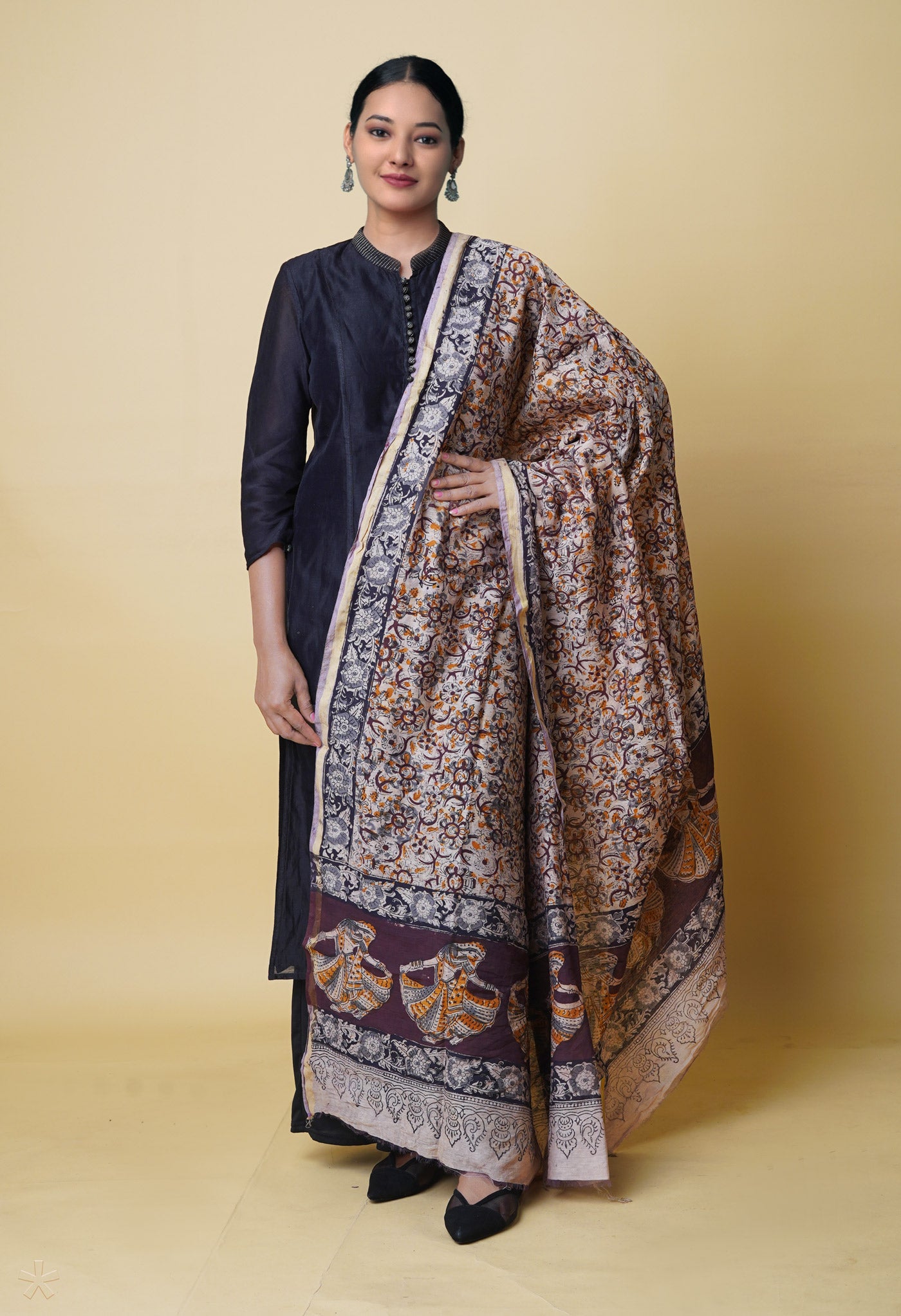 Multi Pure Chanderi Hand Block Printed Kalamkari Dupatta–UDS5194