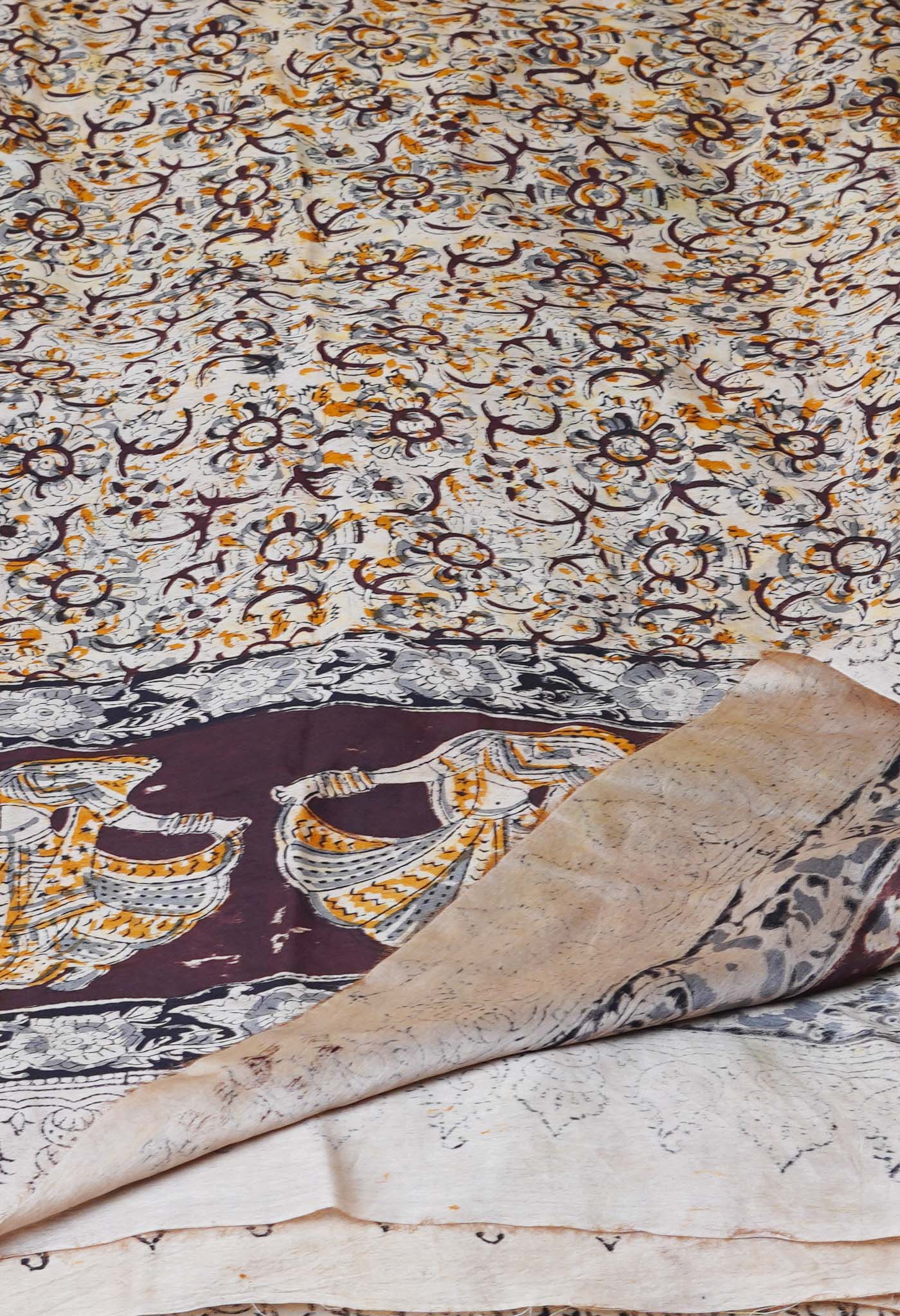 Multi Pure Chanderi Hand Block Printed Kalamkari Dupatta–UDS5194