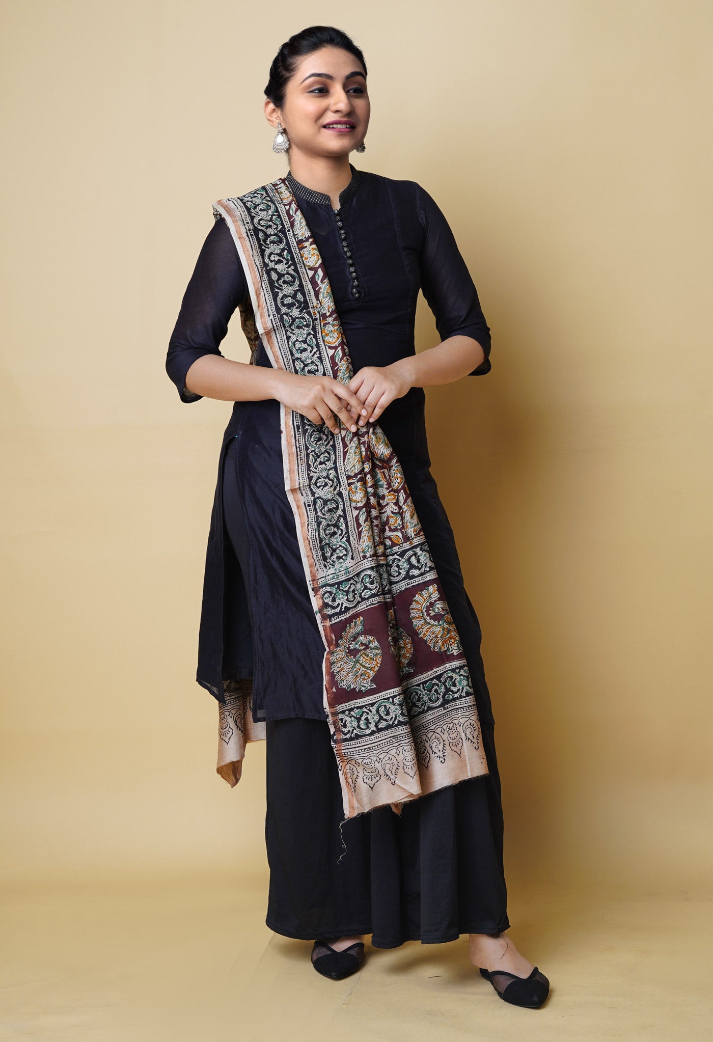 Multi Pure Chanderi Hand Block Printed Kalamkari Dupatta–UDS5220