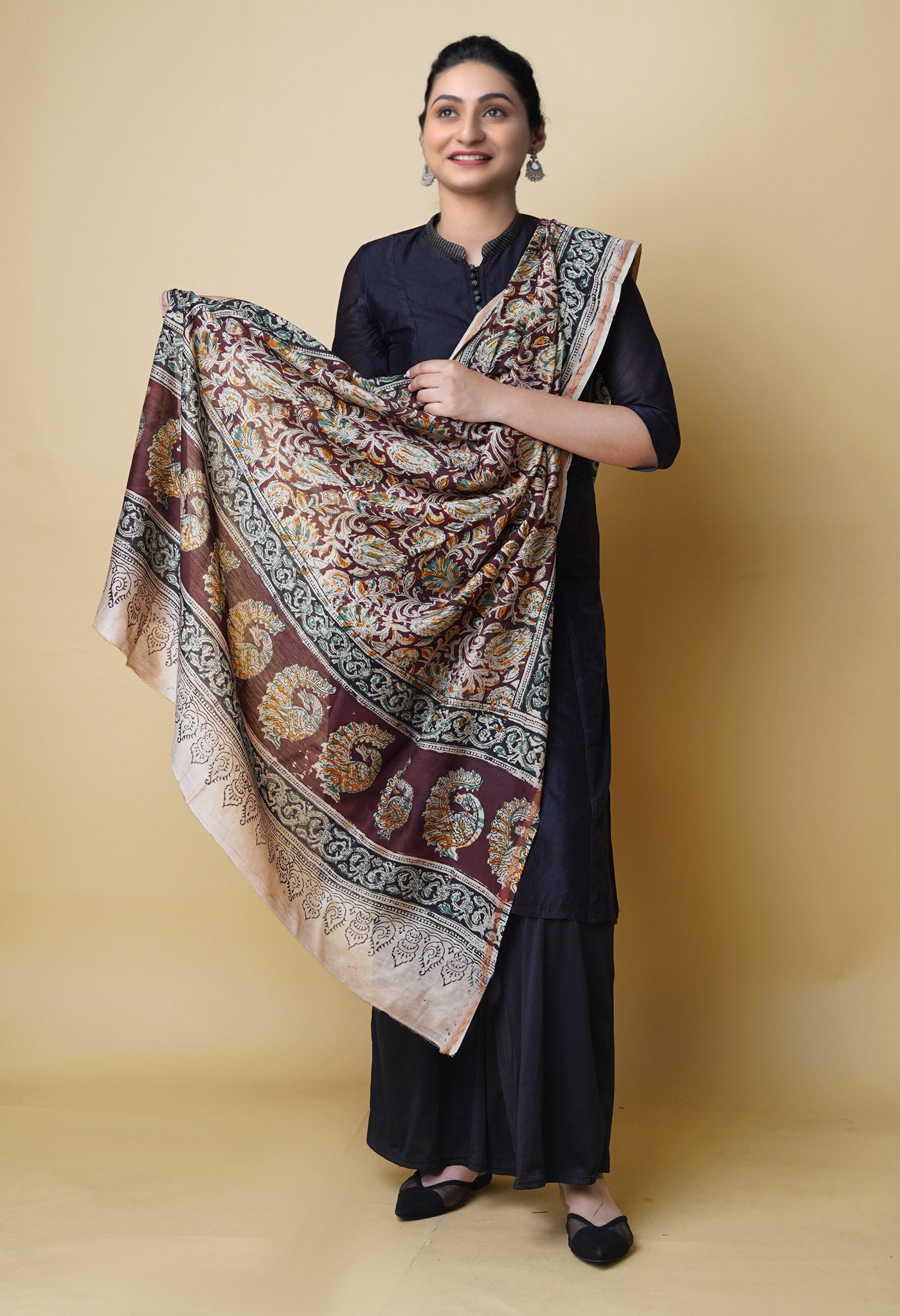 Multi Pure Chanderi Hand Block Printed Kalamkari Dupatta–UDS5220