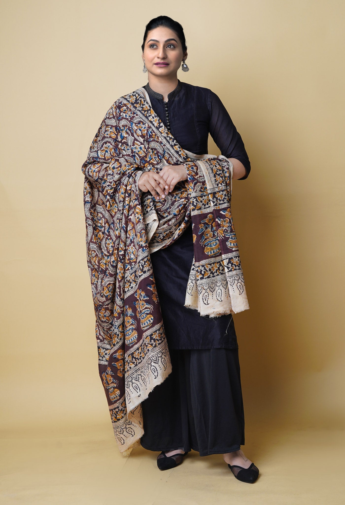 Multi Pure Hand Block Kalamkari Soft Silk Dupatta–UDS5227