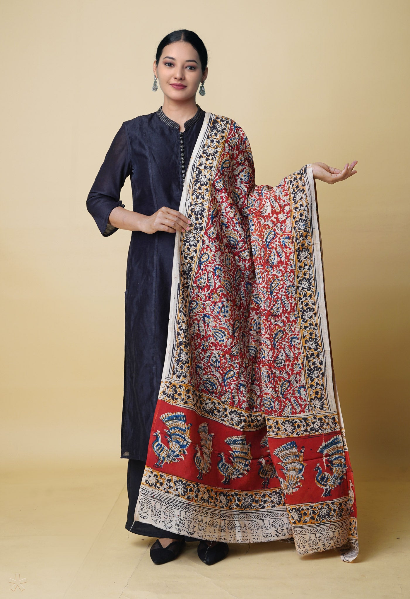 Multi Pure Hand Block Kalamkari Soft Silk Dupatta–UDS5236