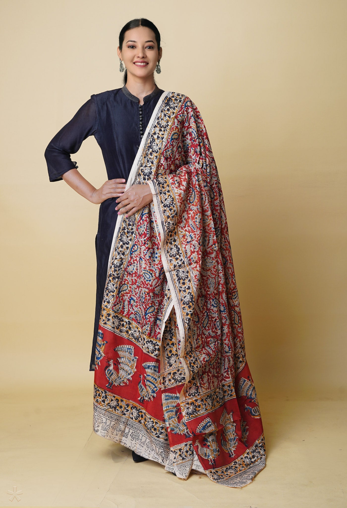 Multi Pure Hand Block Kalamkari Soft Silk Dupatta–UDS5236