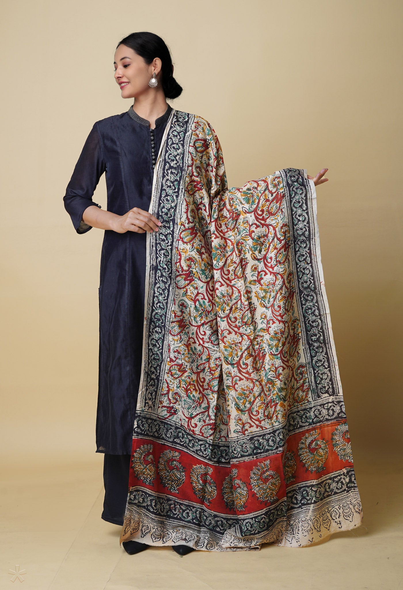 Multi Pure Hand Block Kalamkari Soft Silk Dupatta–UDS5239