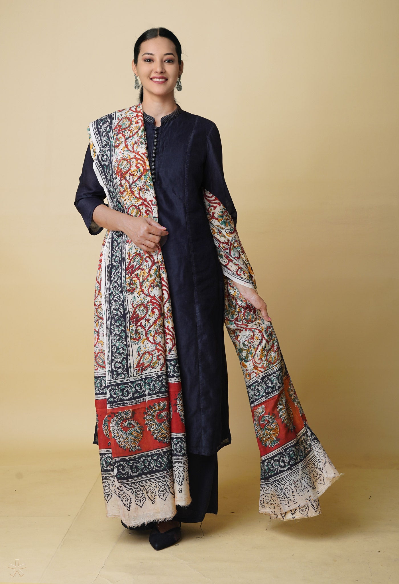 Multi Pure Hand Block Kalamkari Soft Silk Dupatta–UDS5239