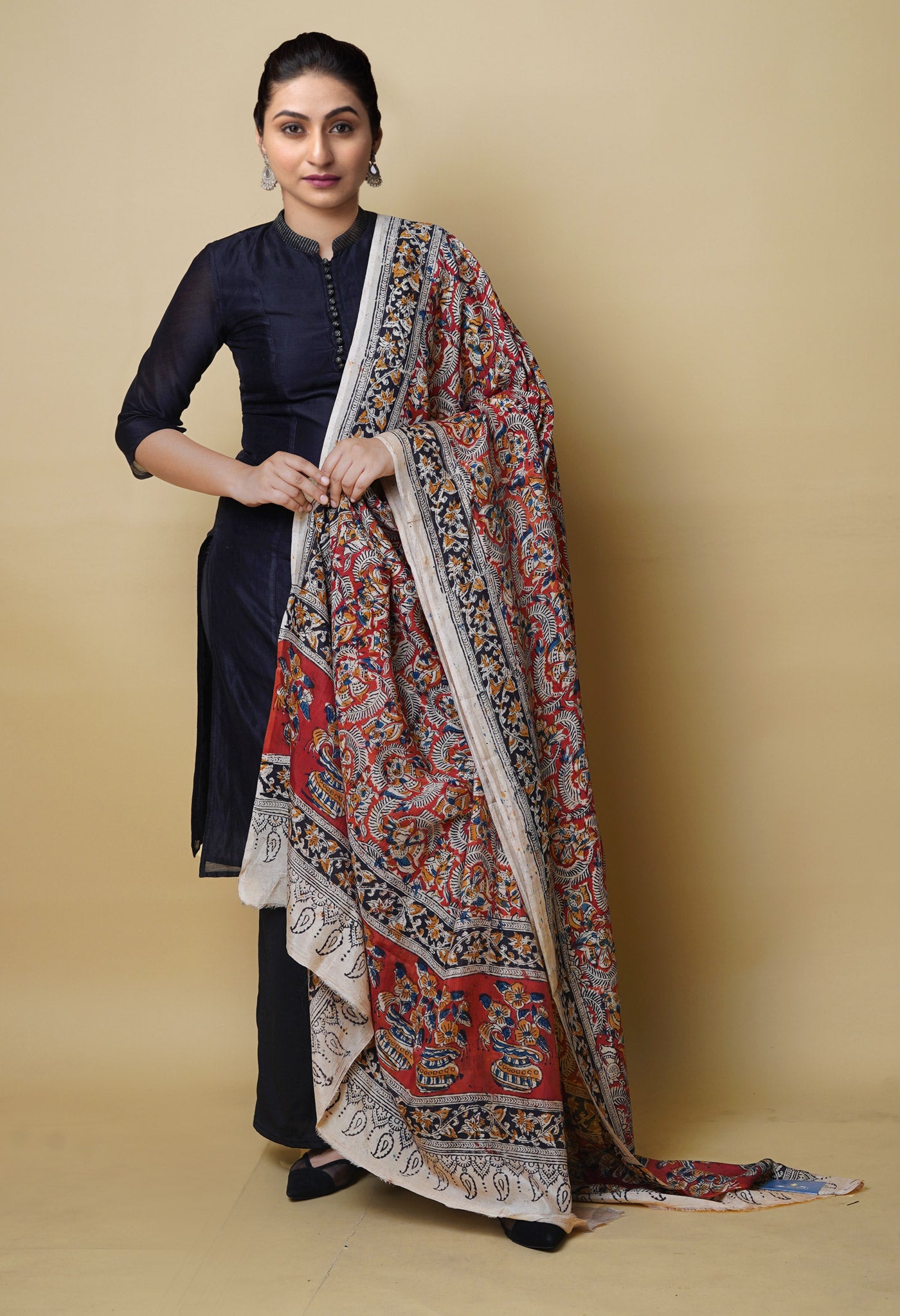 Multi Pure Hand Block Kalamkari Soft Silk Dupatta–UDS5240