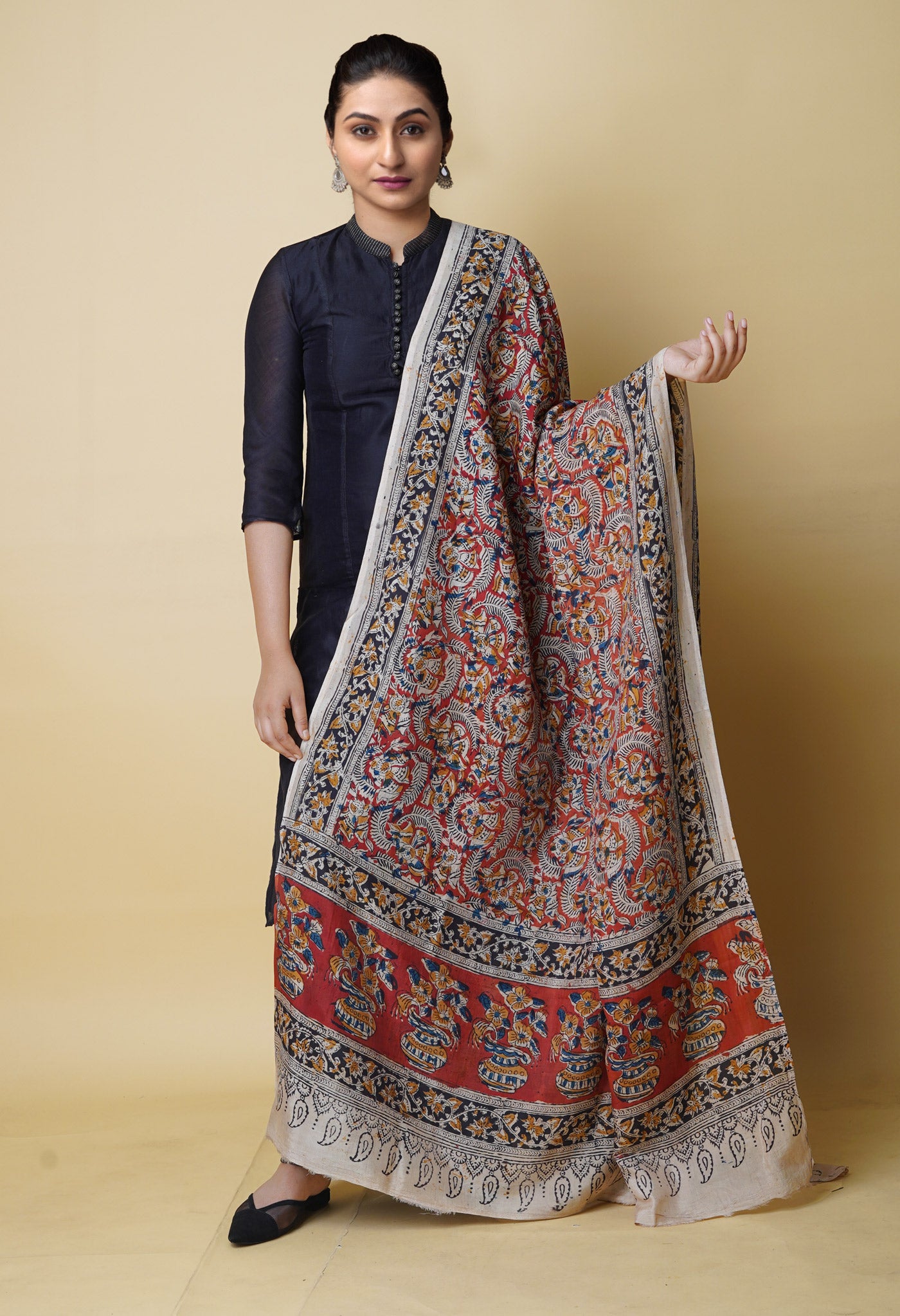 Multi Pure Hand Block Kalamkari Soft Silk Dupatta–UDS5240