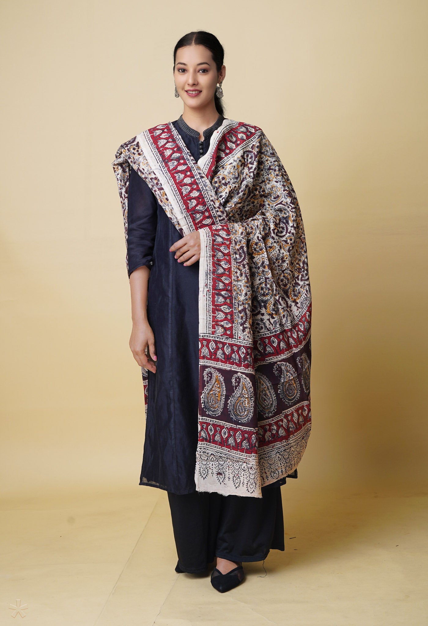 Multi Pure Hand Block Kalamkari Soft Silk Dupatta–UDS5253