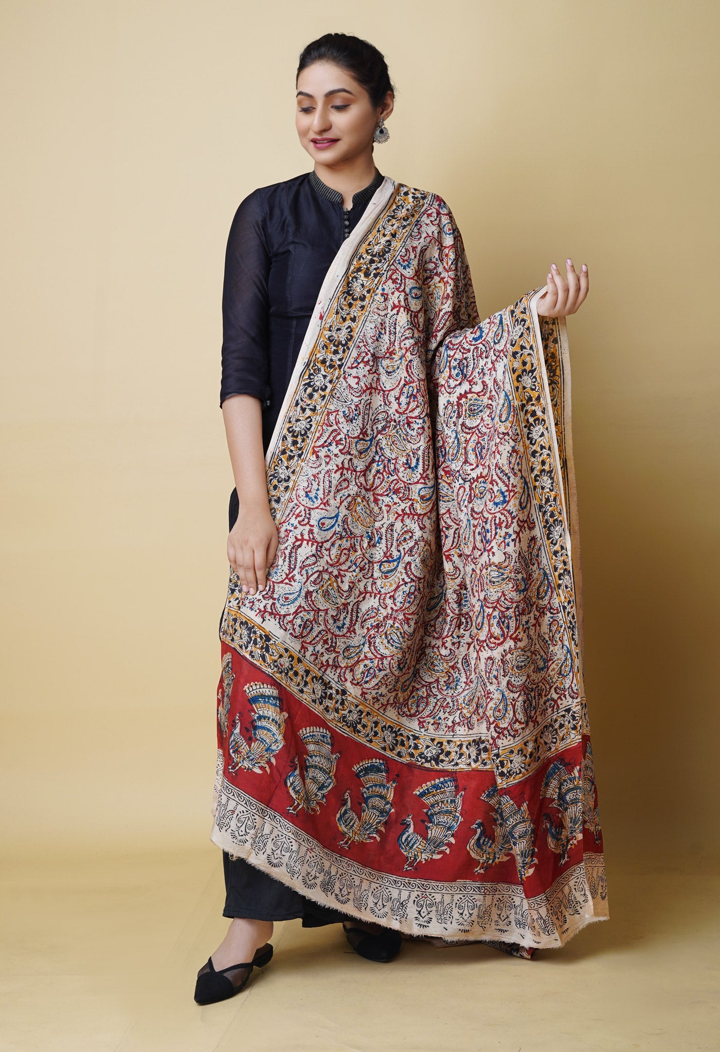 Multi Pure Hand Block Kalamkari Soft Silk Dupatta–UDS5254