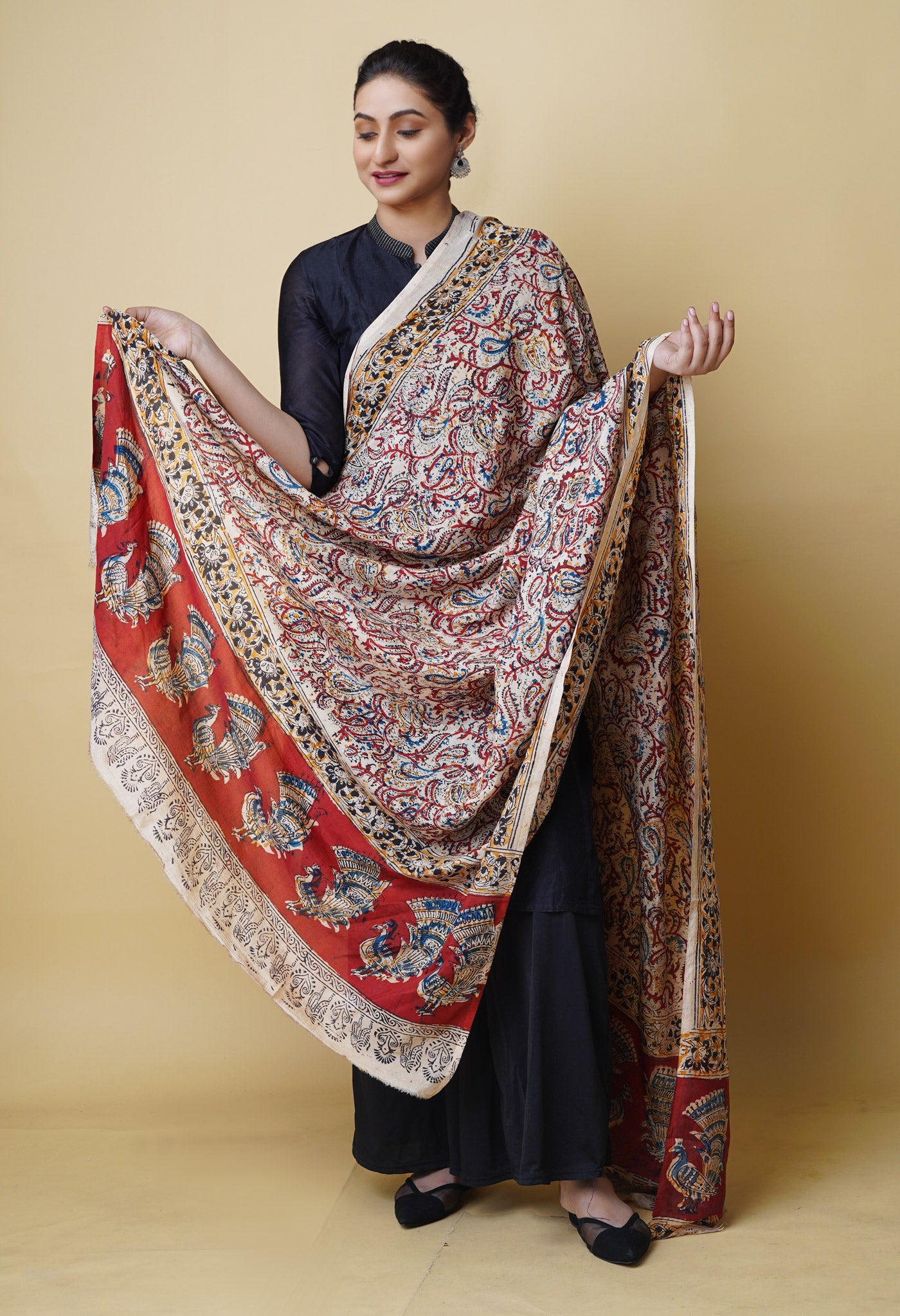 Multi Pure Hand Block Kalamkari Soft Silk Dupatta–UDS5254