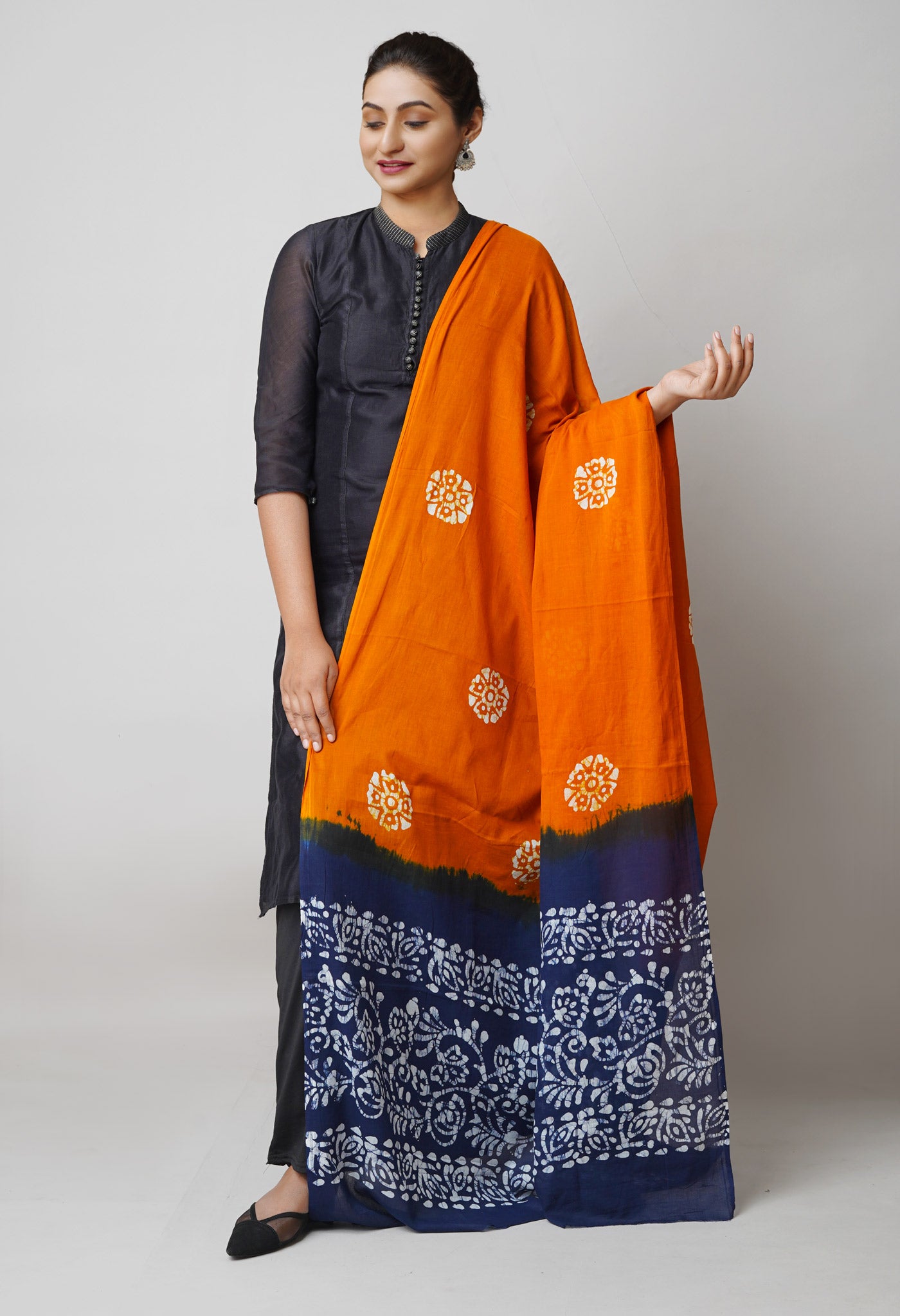 Rust Orange Pure Hand Batik Printed Soft Cotton Dupatta–UDS5383