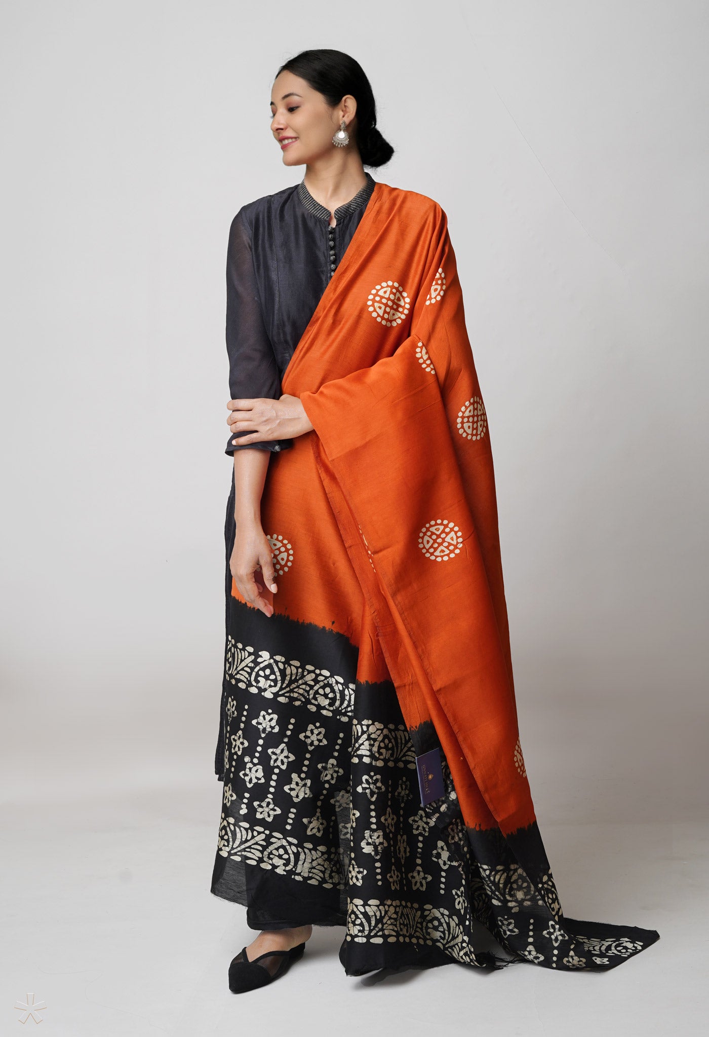 Rust Orange Pure Chanderi Hand Batik Printed Sico Dupatta–UDS5397