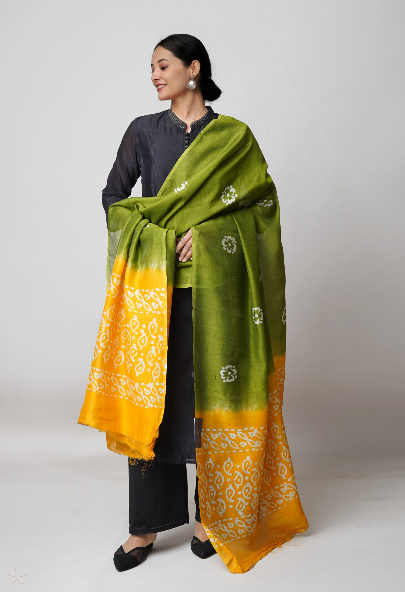 Green Pure Chanderi Hand Batik Printed Sico Dupatta–UDS5398