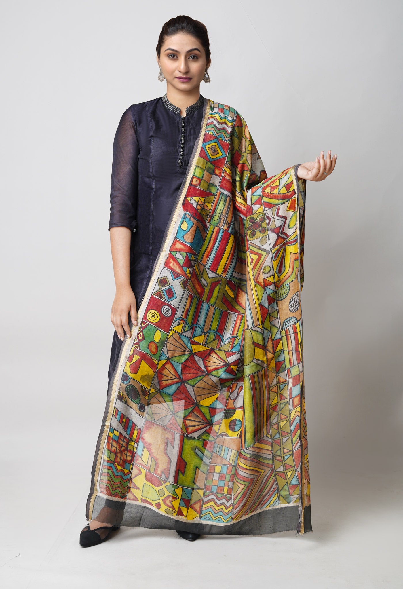 Multi Pure Pen Kalamkari Hand Painted Chanderi Cotton Silk Dupatta –UDS5401