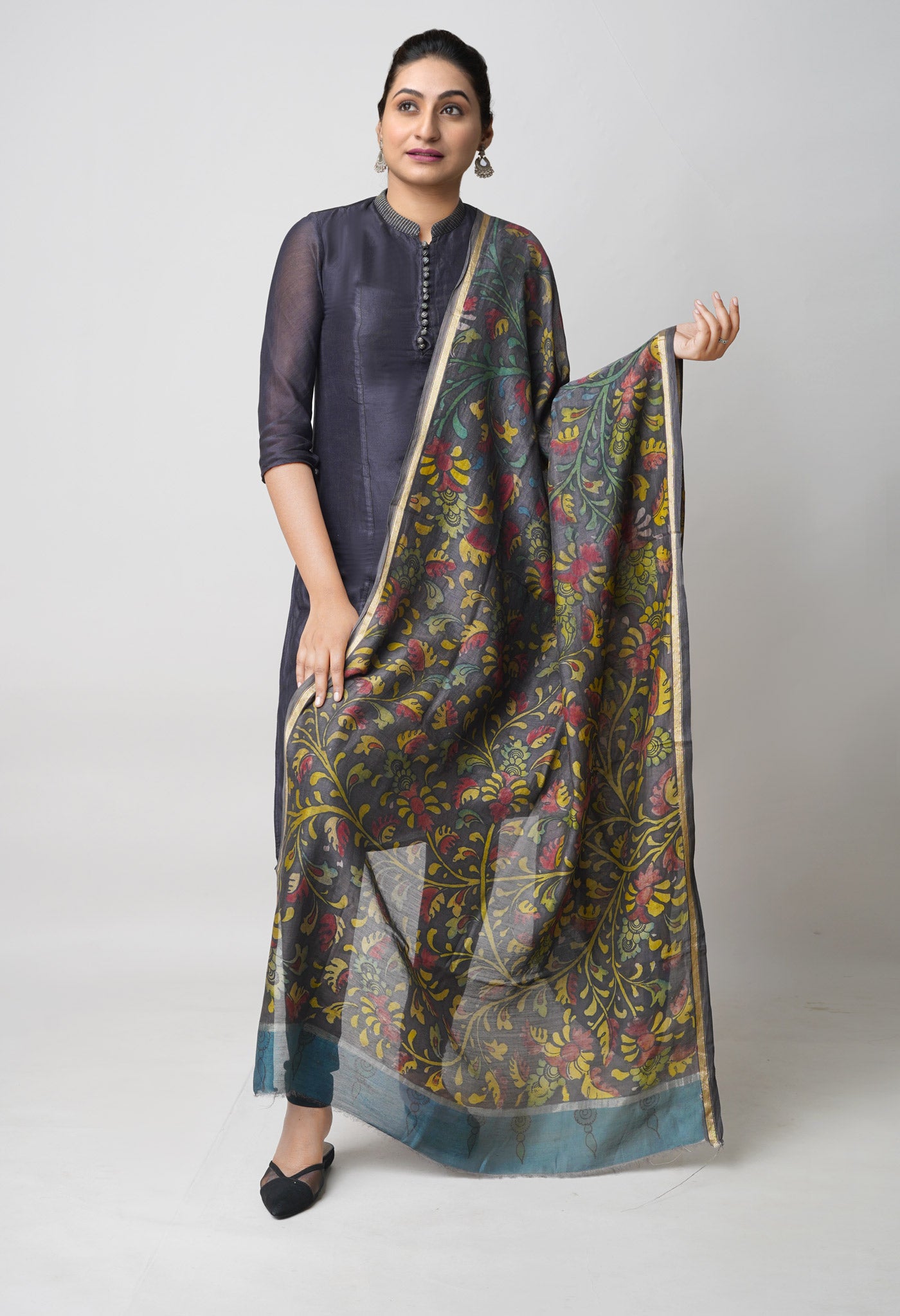 Dark Chocolate Brown Pure Pen Kalamkari Hand Painted Chanderi Cotton Silk Dupatta –UDS5407