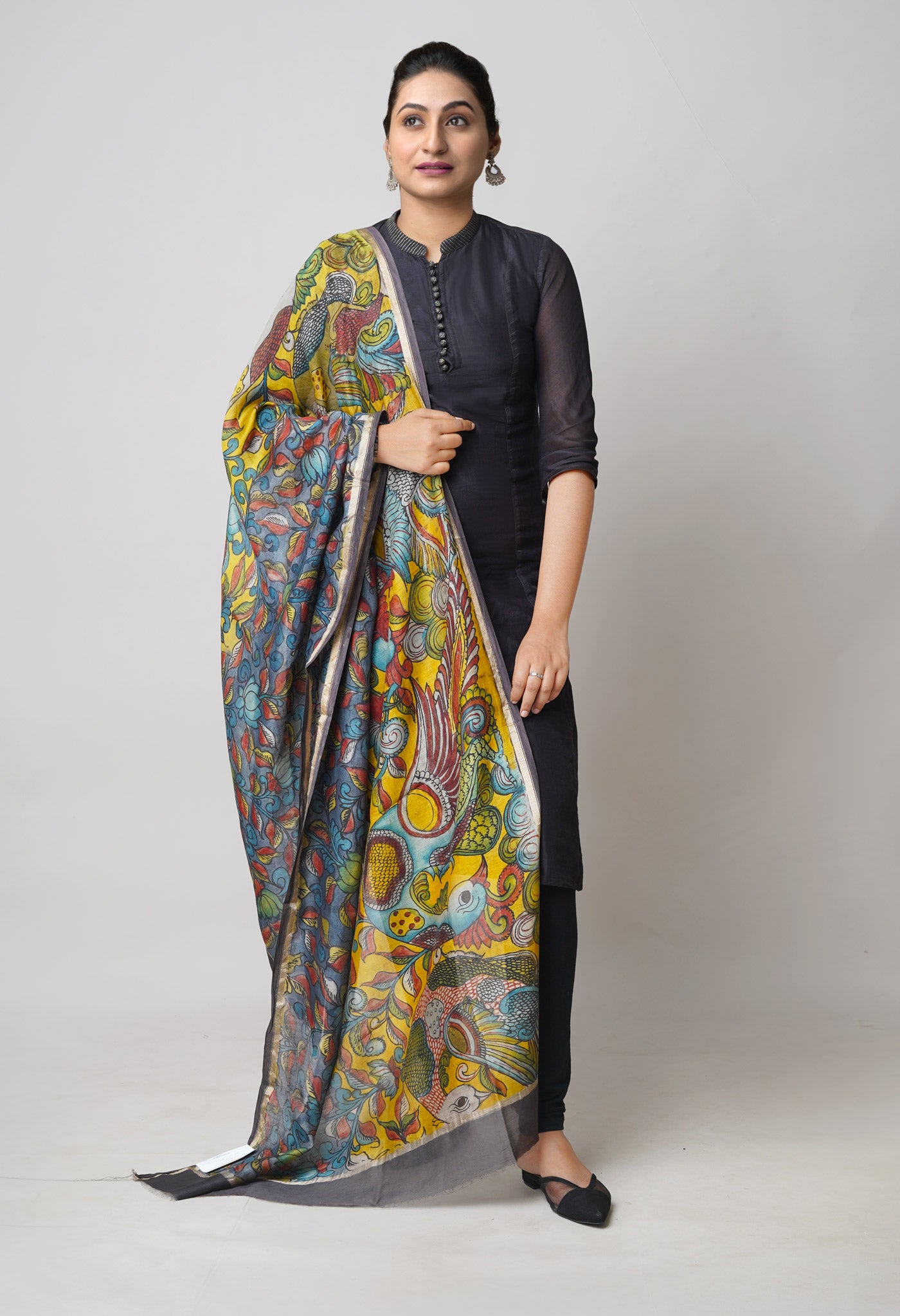 Pewter Grey Pure Pen Kalamkari Hand Painted Chanderi Cotton Silk Dupatta –UDS5414