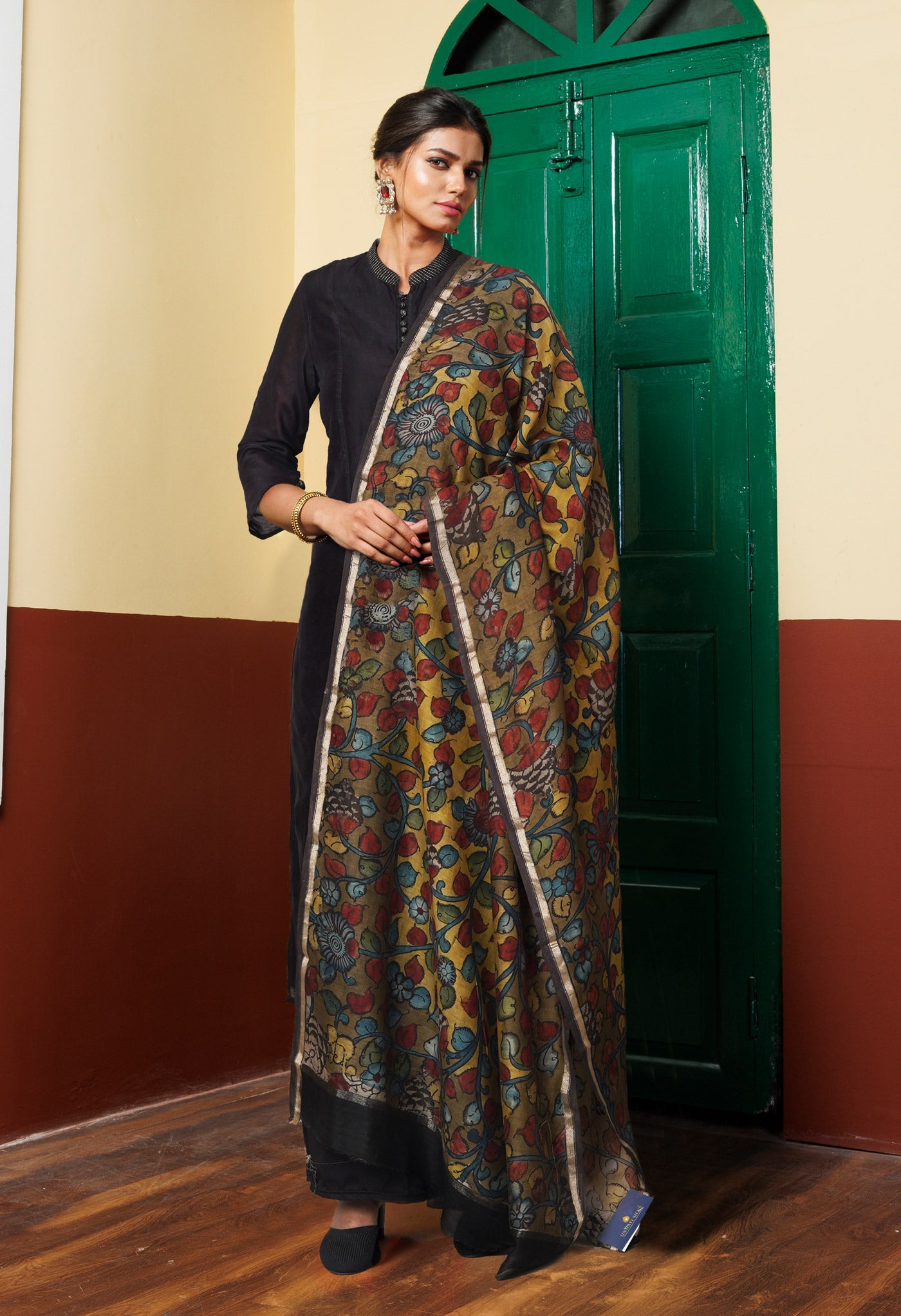 Yellow-Olive Green Pure Pen Kalamkari Hand Painted Chanderi Cotton Silk Dupatta –UDS5418