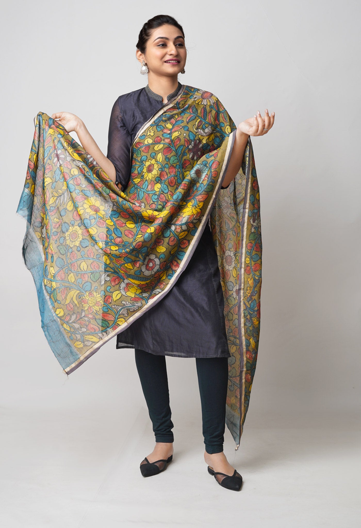 Olive Green Pure Pen Kalamkari Hand Painted Chanderi Cotton Silk Dupatta –UDS5419