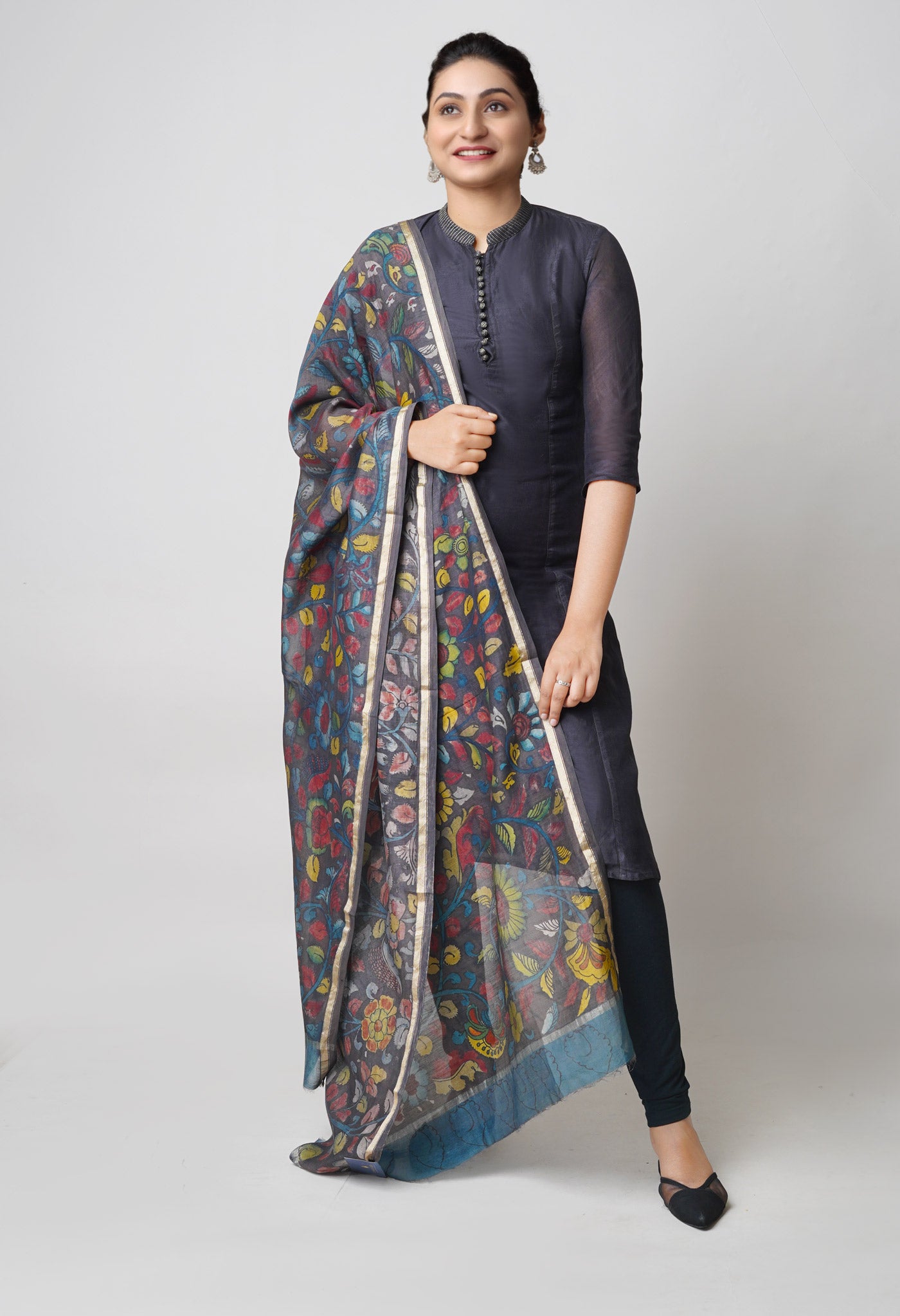 Dark Chocolate Brown Pure Pen Kalamkari Hand Painted Chanderi Cotton Silk Dupatta –UDS5424