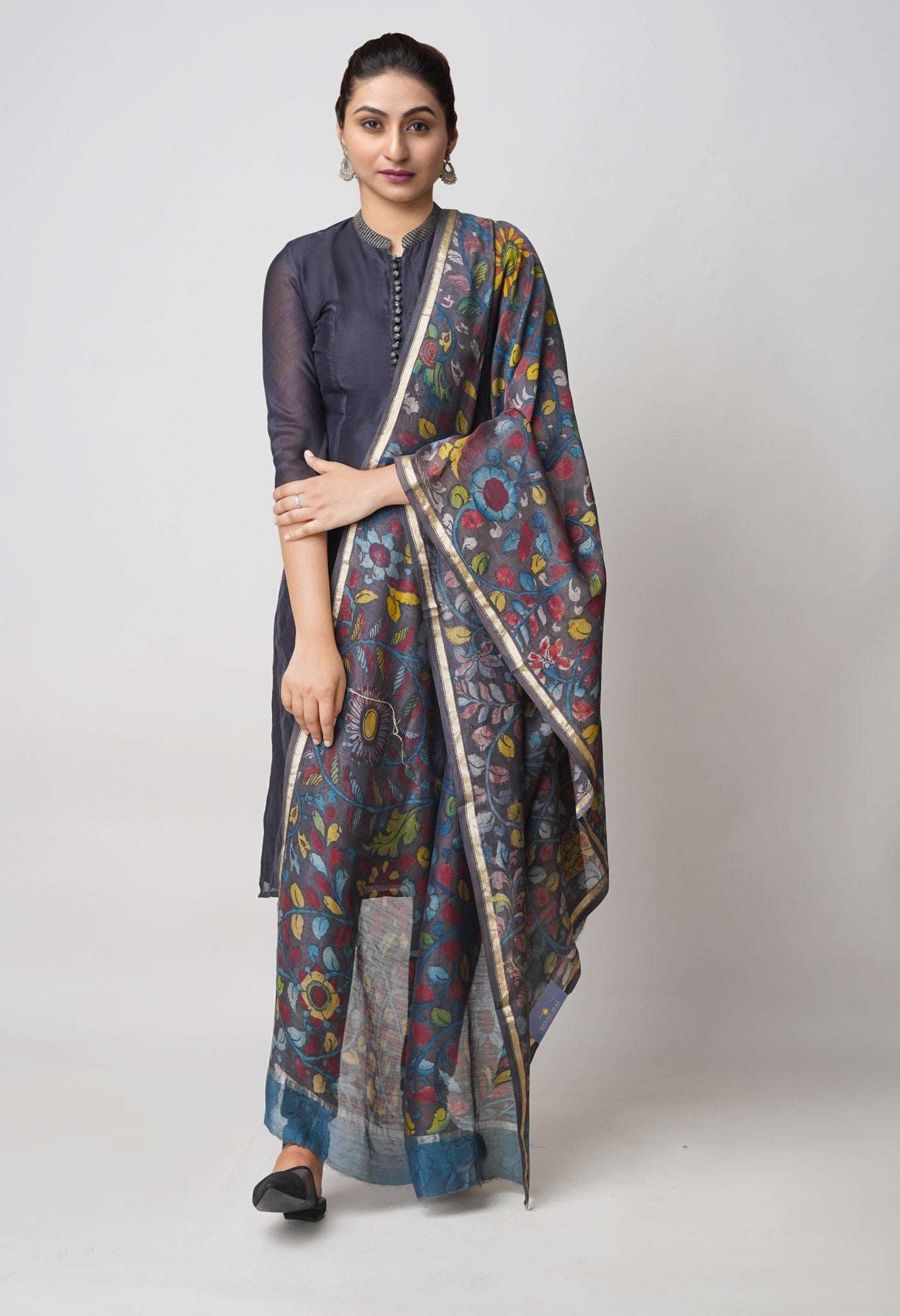 Dark Chocolate Brown Pure Pen Kalamkari Hand Painted Chanderi Cotton Silk Dupatta –UDS5424