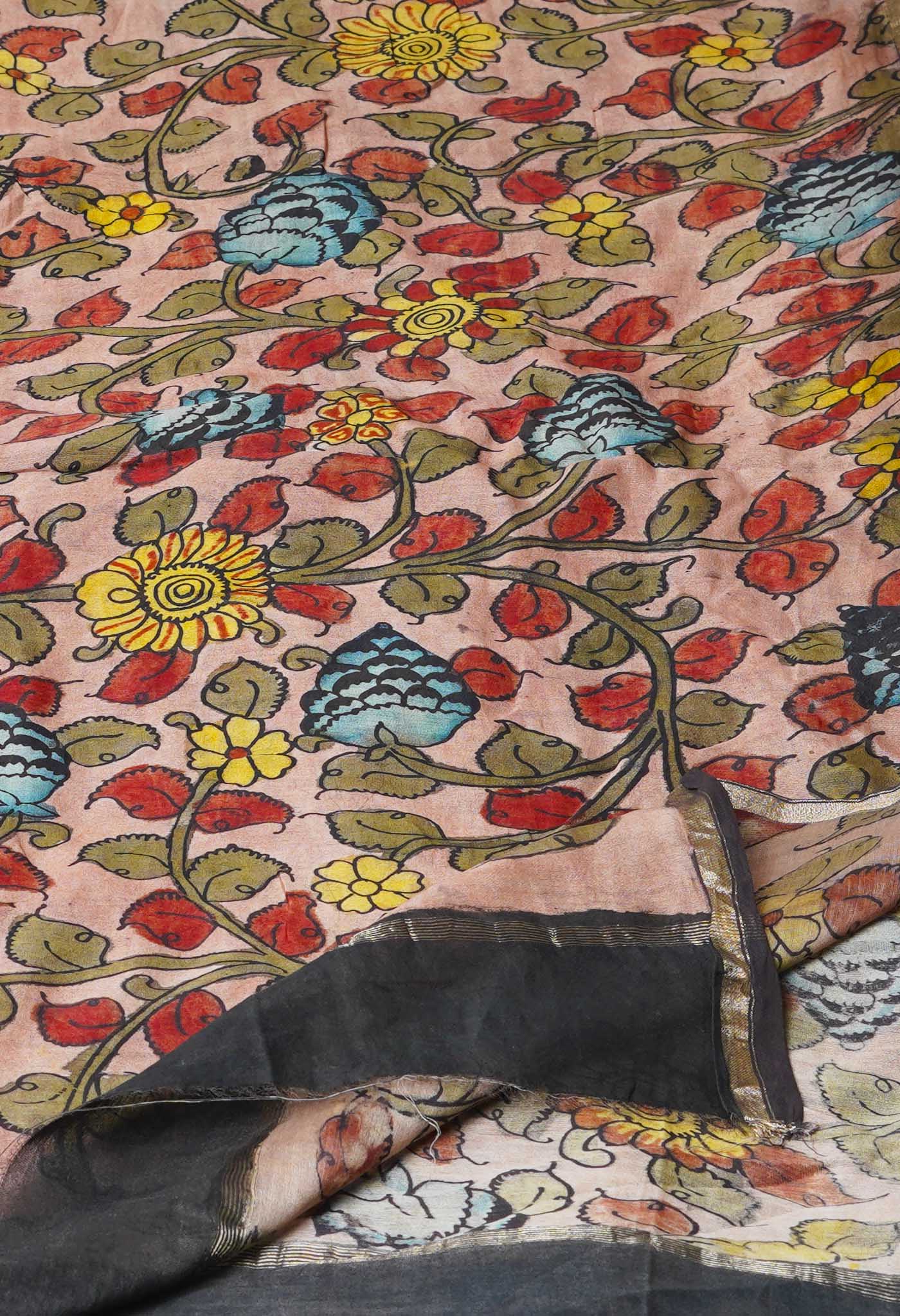 Peach Pink Pure Pen Kalamkari Hand Painted Chanderi Cotton Silk Dupatta –UDS5441