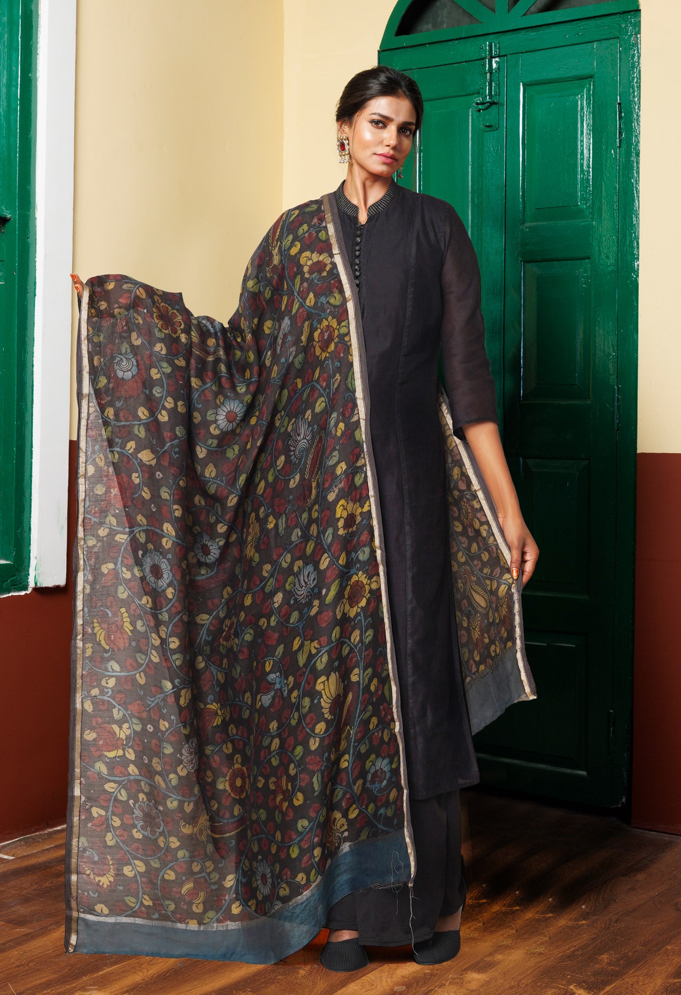 Dark Chocolate Brown Pure Pen Kalamkari Hand Painted Chanderi Cotton Silk Dupatta –UDS5470