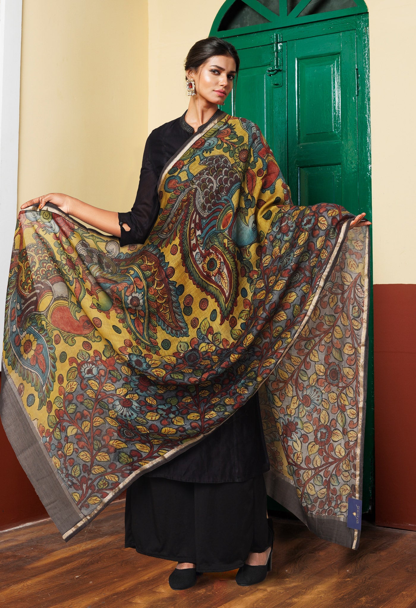 Yellow-Grey Pure Pen Kalamkari Hand Painted Chanderi Cotton Silk Dupatta –UDS5477