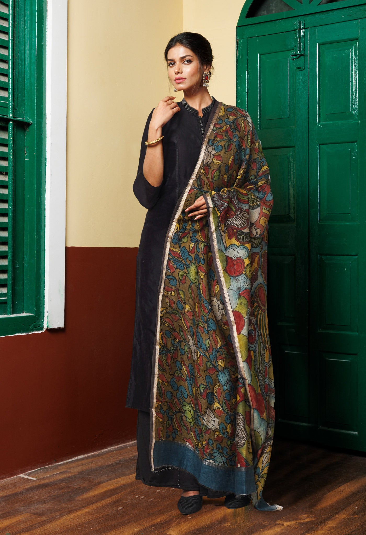 Olive Green-Yellow Pure Pen Kalamkari Hand Painted Chanderi Cotton Silk Dupatta –UDS5495