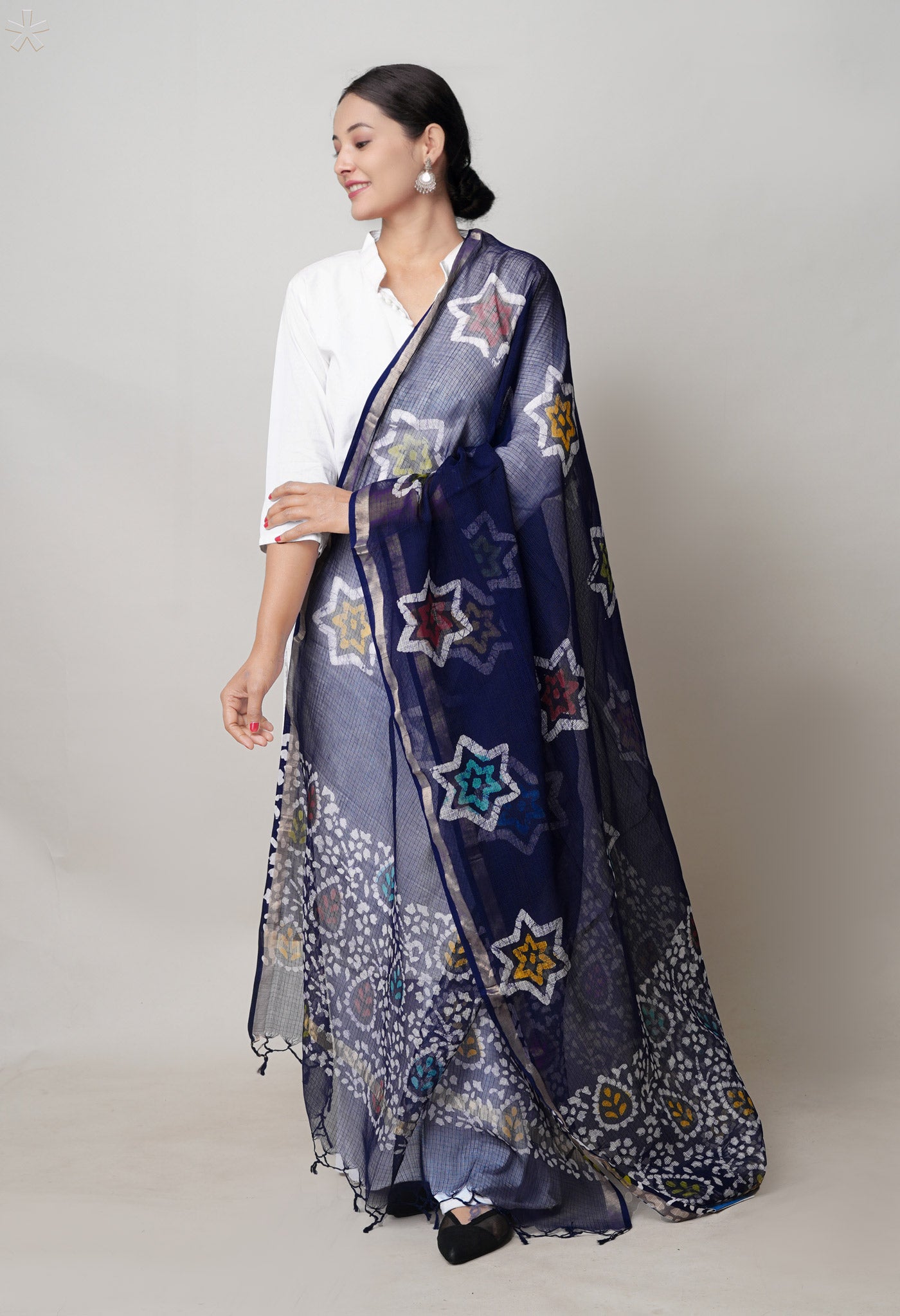 Blue Pure Kota Hand Block Wax Batik Printed Zari Piping Kota Cotton  Dupatta–UDS5527