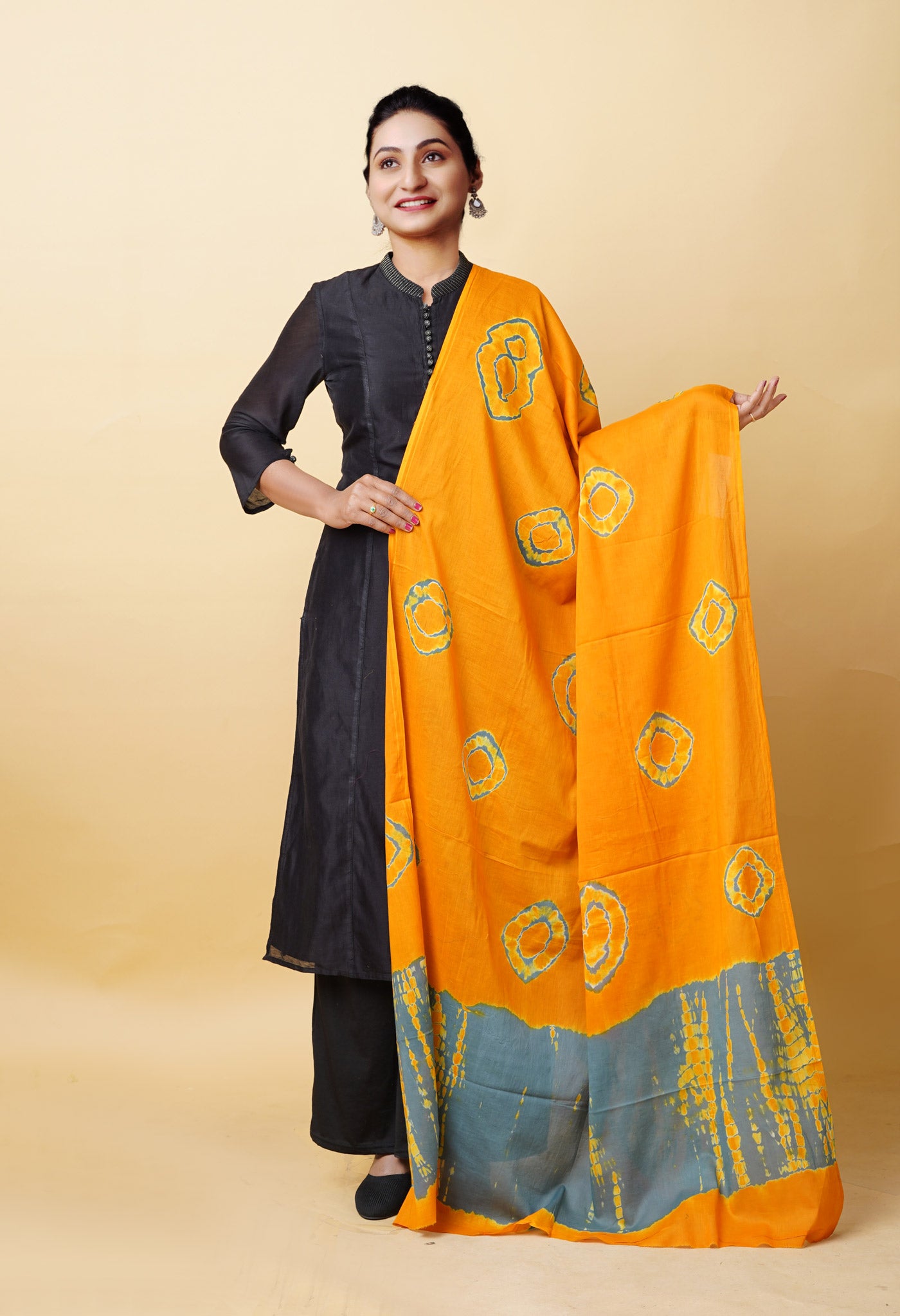 Yellow Pure Tie And Dye Shibori Bandhani Printed Soft Cotton Dupatta-UDS5829