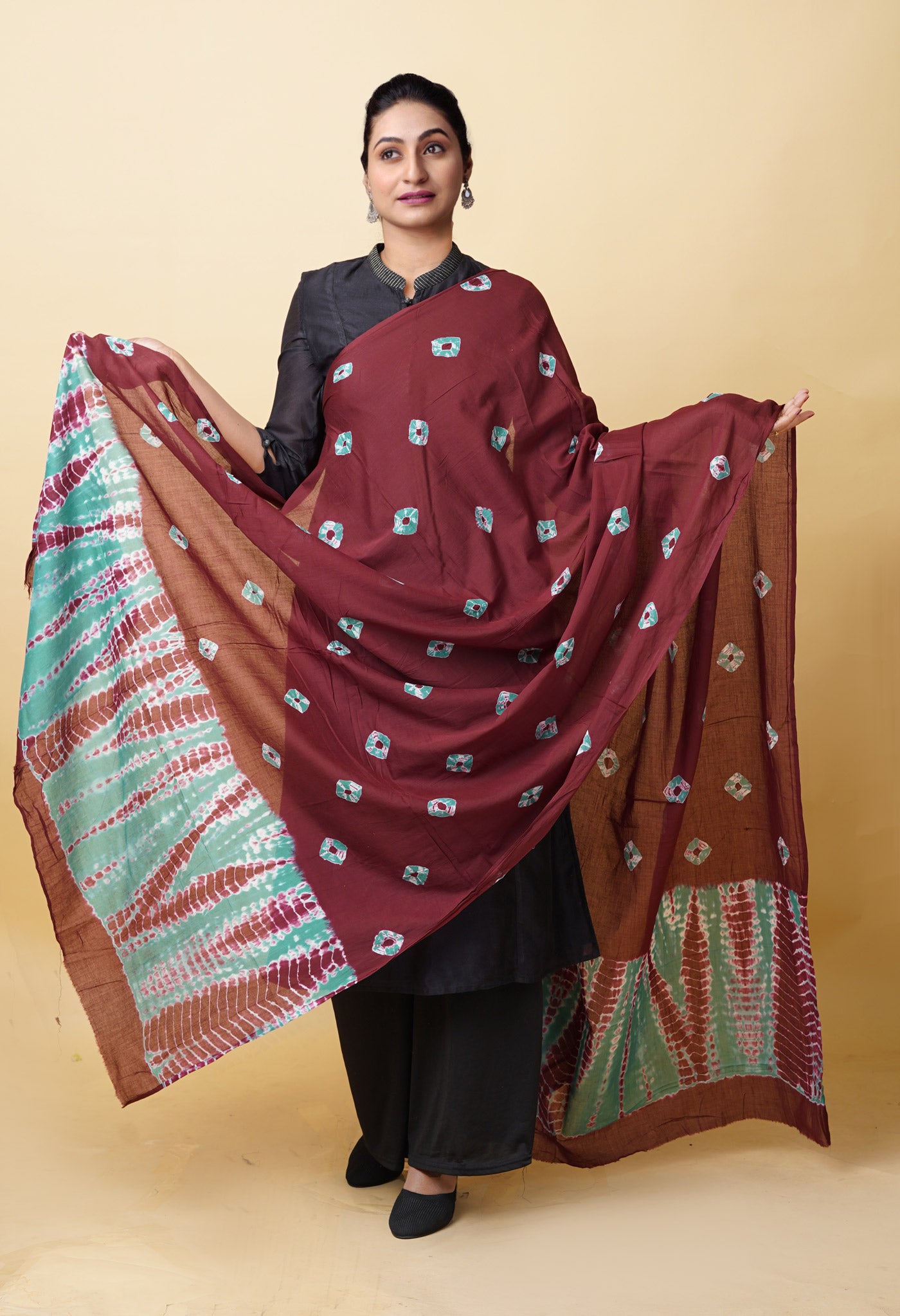 Chocolate Brown Pure Tie And Dye Shibori Bandhani Printed Soft Cotton Dupatta-UDS5842