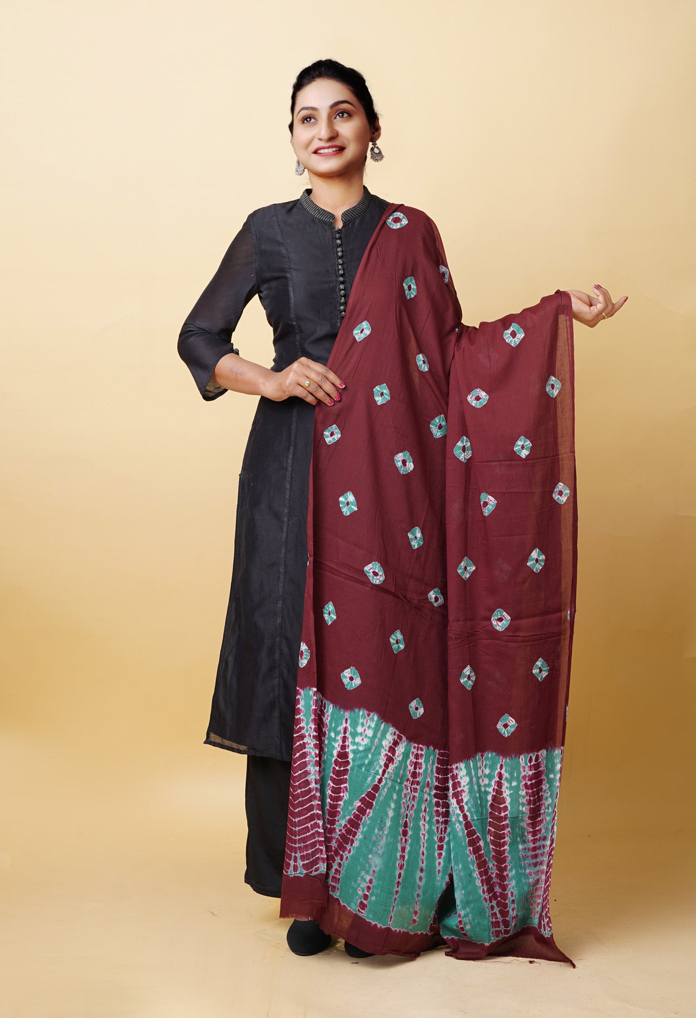 Chocolate Brown Pure Tie And Dye Shibori Bandhani Printed Soft Cotton Dupatta-UDS5842