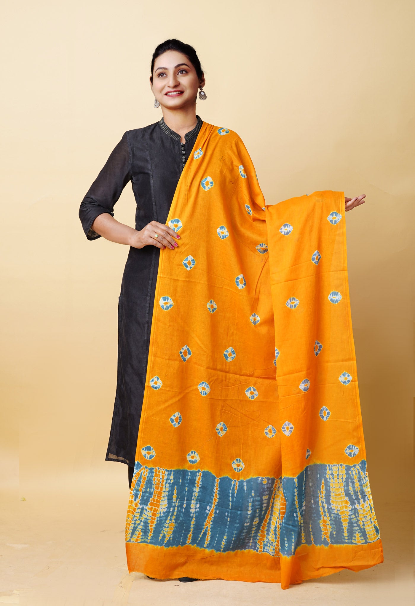 Yellow Pure Tie And Dye Shibori Bandhani Printed Soft Cotton Dupatta-UDS5843