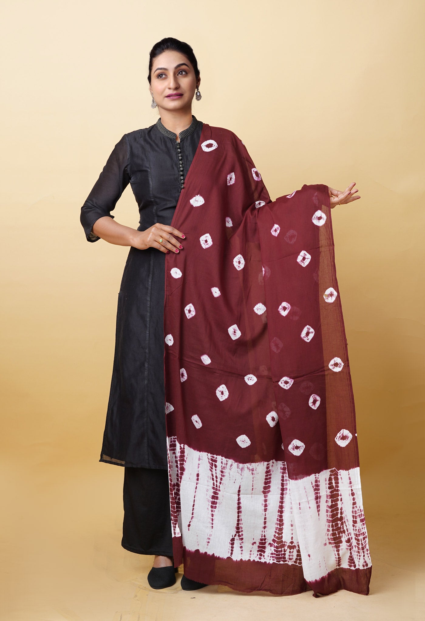 Chocolate Brown Pure Tie And Dye Shibori Bandhani Printed Soft Cotton Dupatta-UDS5844